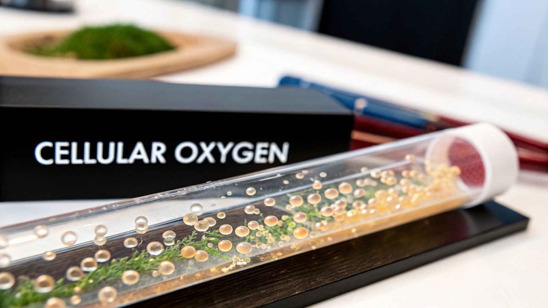 A clear tube display showing green plant matter and amber spheres, with a 'CELLULAR OXYGEN' sign.
