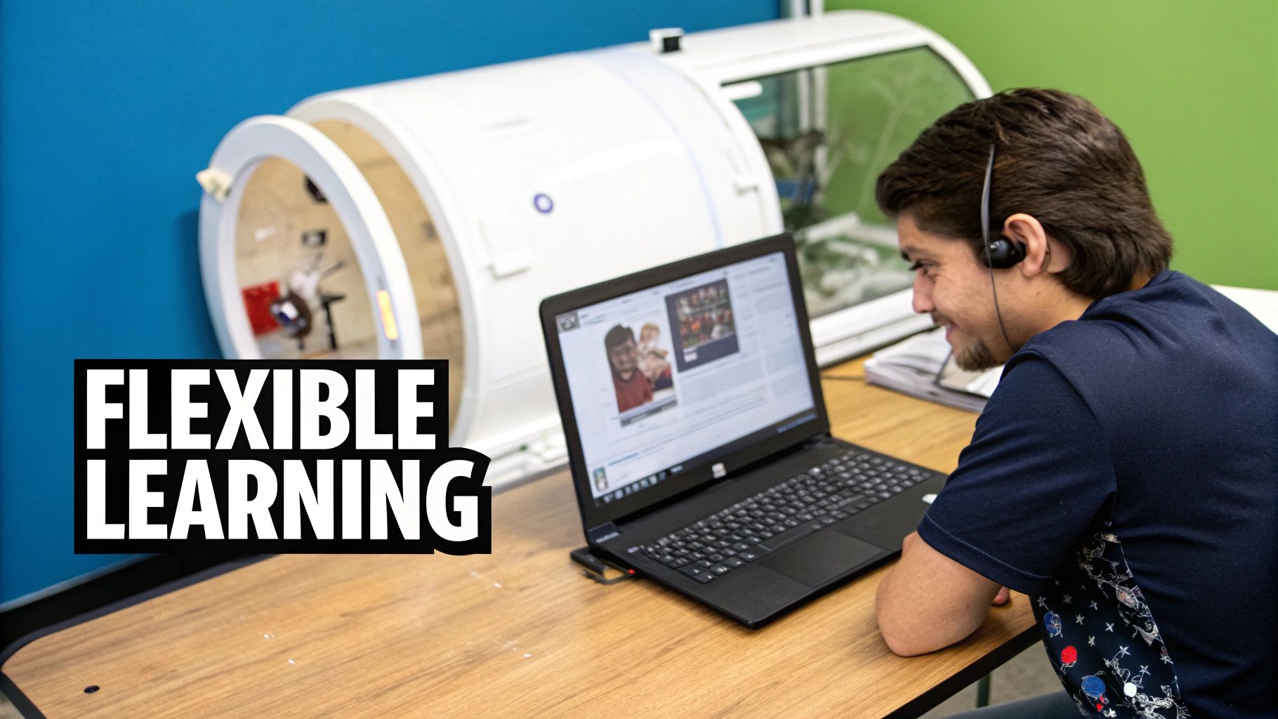 A smiling student with earbuds looks at a laptop screen in a room with a hyperbaric chamber, illustrating flexible learning.