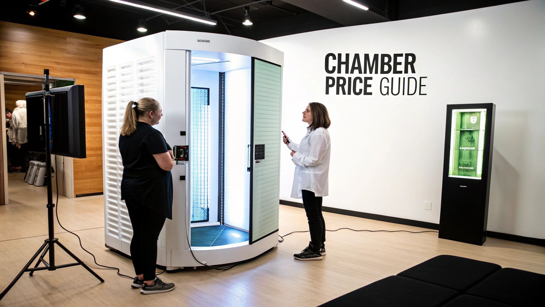Two women stand beside a modern cryotherapy chamber, with a 'Chamber Price Guide' on the wall.