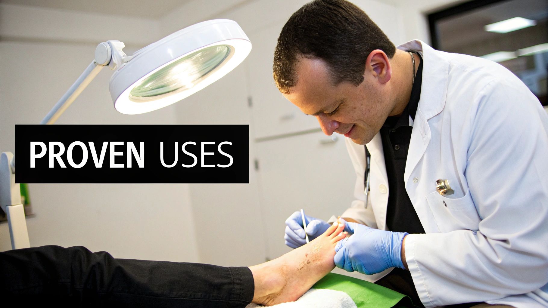 A male doctor in a lab coat and blue gloves examines a patient's foot under a magnifying lamp.