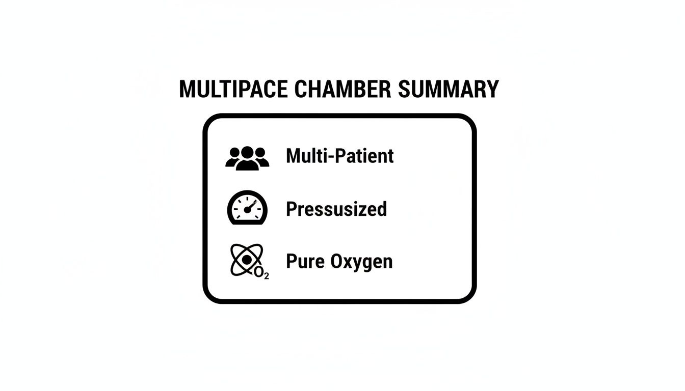 A summary of a multiplace hyperbaric chamber, detailing it as multi-patient, pressurized, and using pure oxygen.
