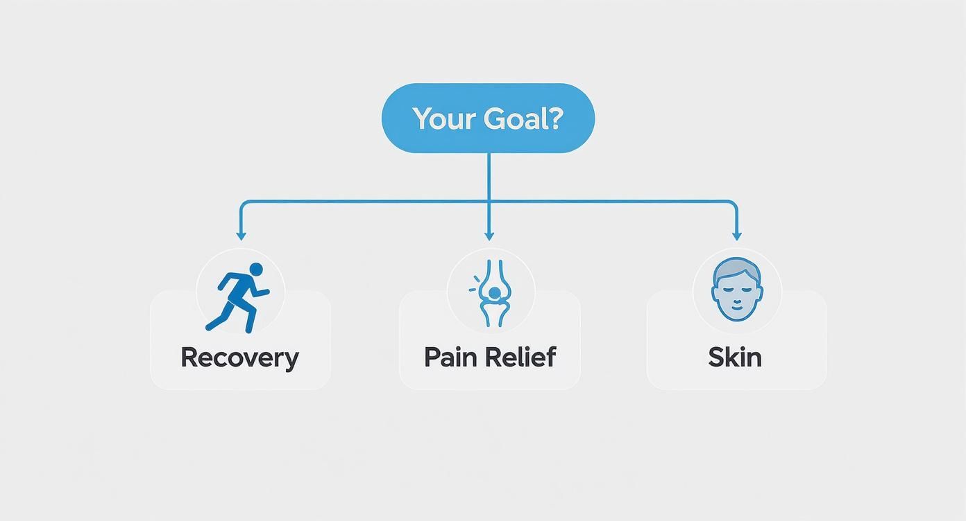 Infographic decision tree showing cryotherapy goals like recovery, pain relief, and skin health.