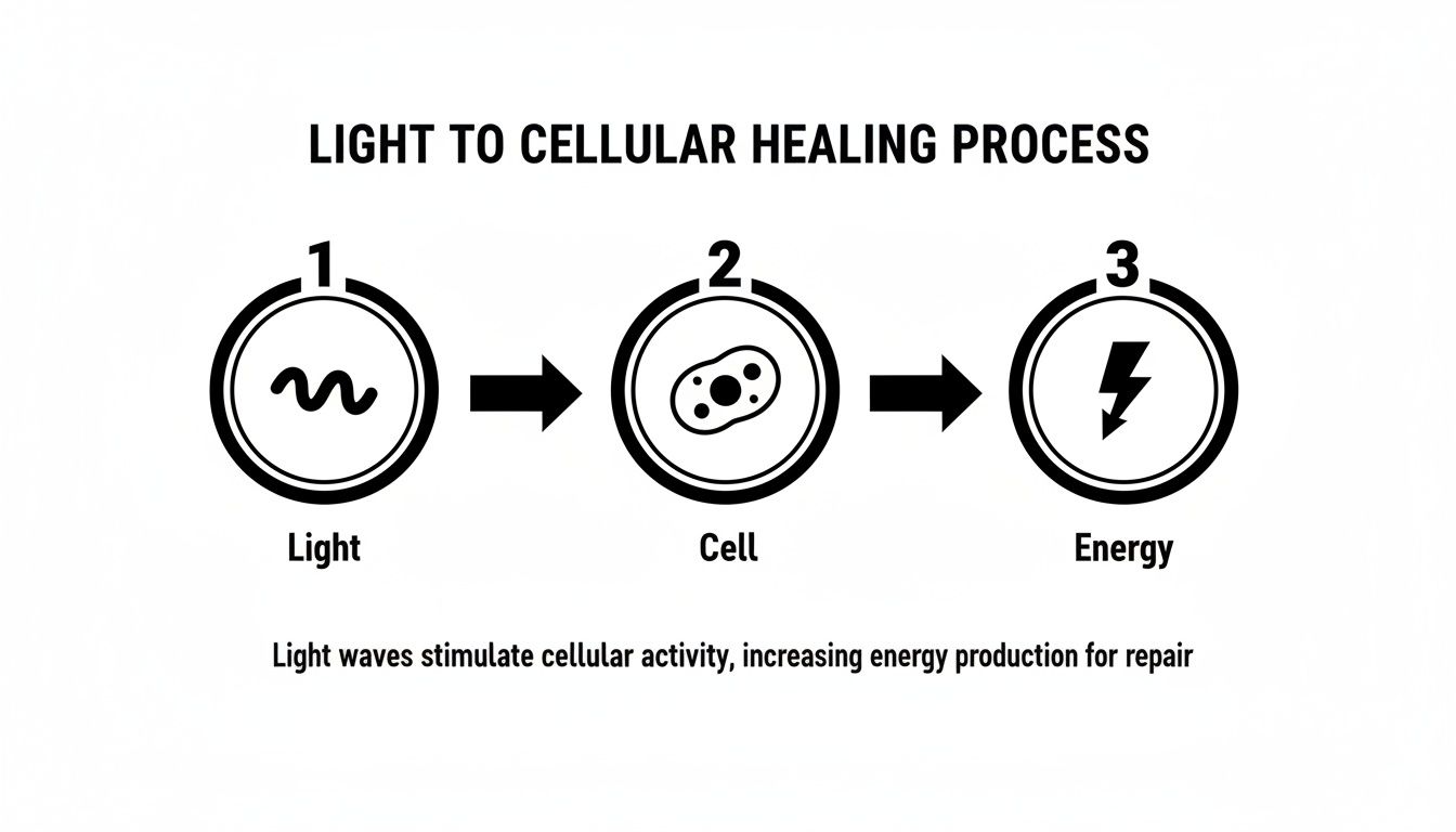 Diagram illustrating the light to cellular healing process, showing light stimulating cells to produce energy for repair.