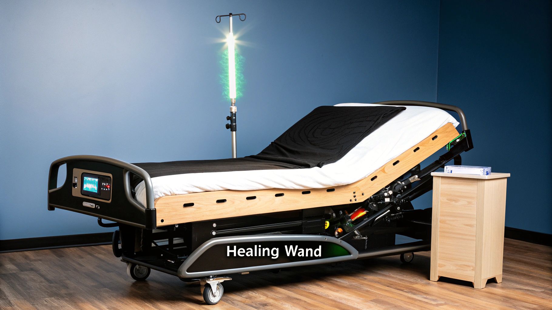 A person holding a Med Bed Technology Wand, focusing its light on their wrist.