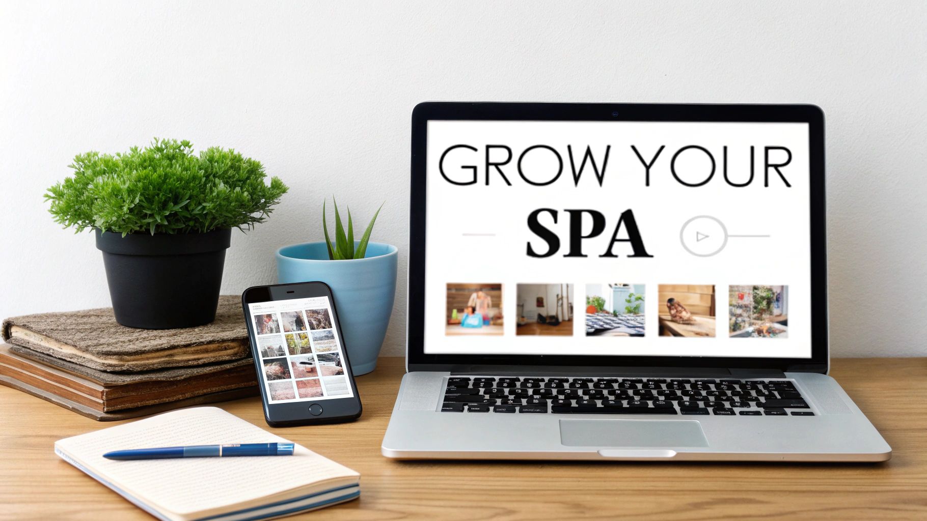 A clean desk setup with a laptop displaying 'GROW YOUR SPA', a smartphone, and potted plants.