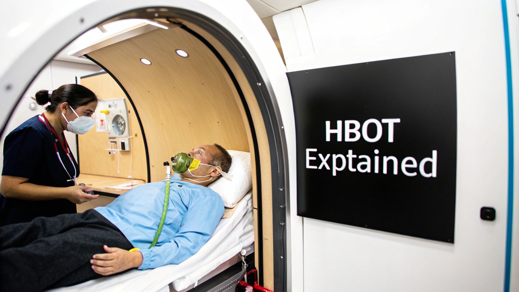 A nurse assists a patient wearing an oxygen mask inside a hyperbaric oxygen therapy chamber.