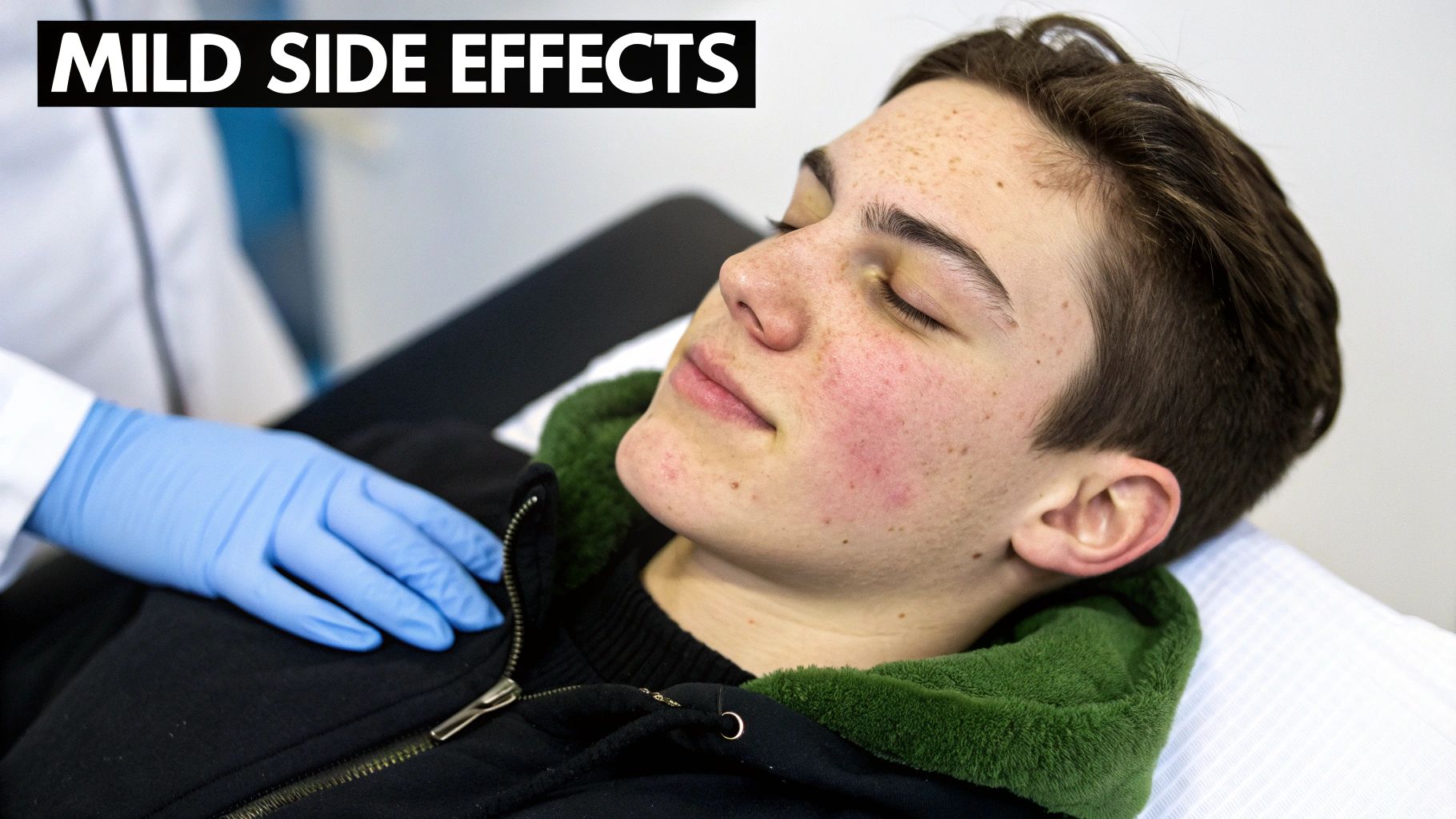 A person with facial redness and closed eyes, attended by a gloved medical professional.