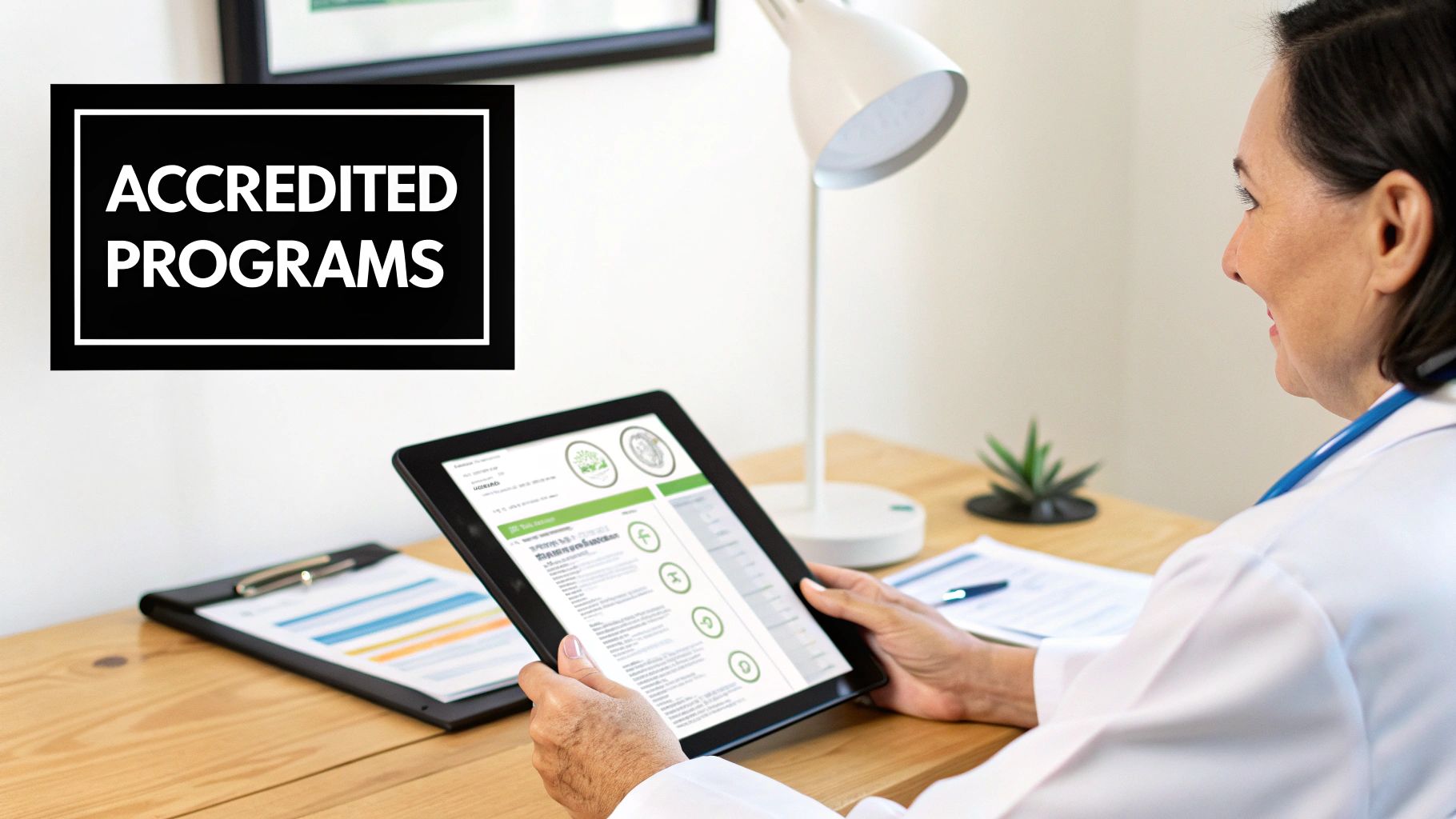 A healthcare professional reviews accredited programs on a tablet in an office setting.