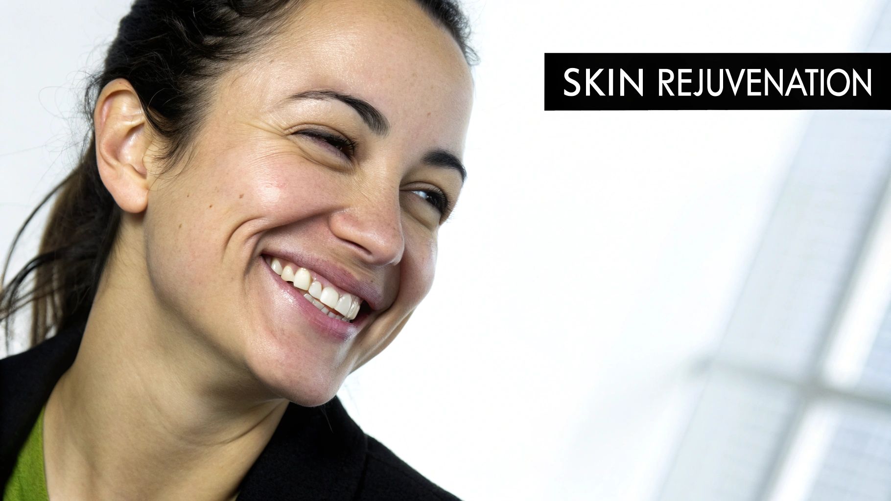 A close-up of a smiling woman with healthy skin, next to a "SKIN REJUVENATION" banner.