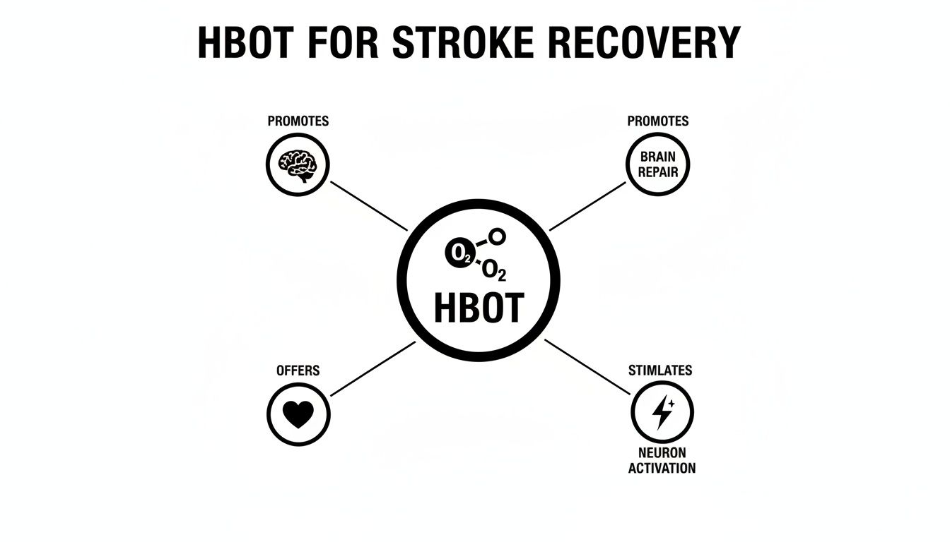 Diagram illustrating how HBOT (Hyperbaric Oxygen Therapy) aids stroke recovery by promoting brain repair and neuron activation.