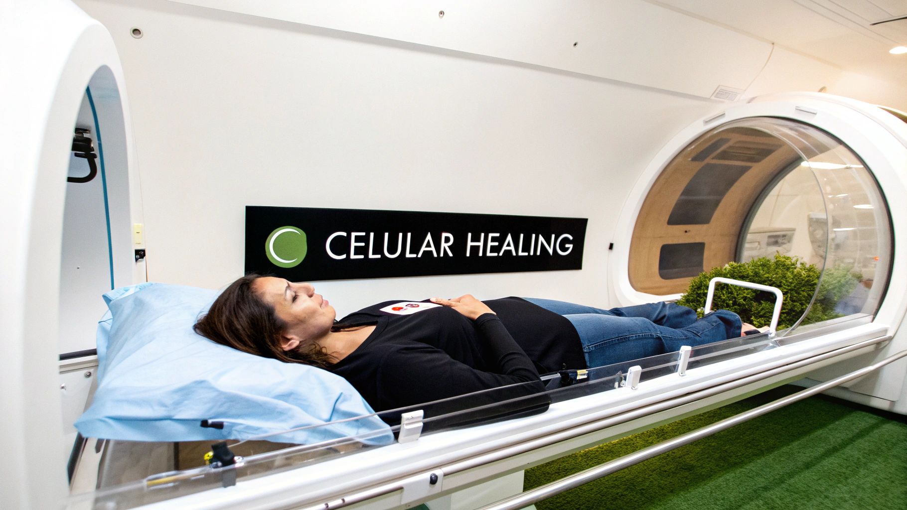 A woman relaxes inside a modern hyperbaric oxygen therapy chamber for cellular healing.