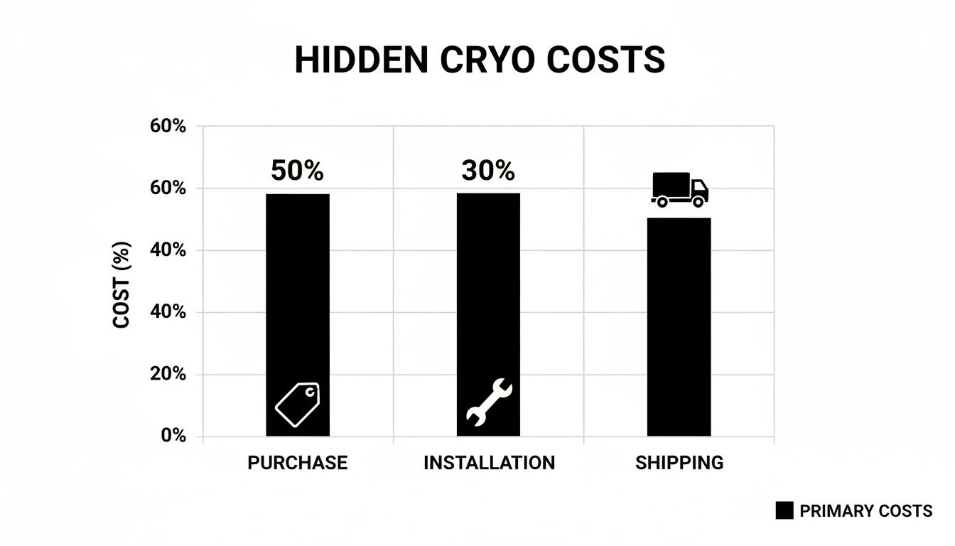 Bar chart titled 'Hidden Cryo Costs,' detailing percentages for purchase, installation, and shipping.