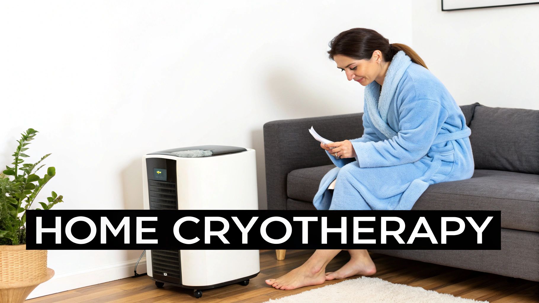 Woman standing in a home cryotherapy machine with a relaxed expression.