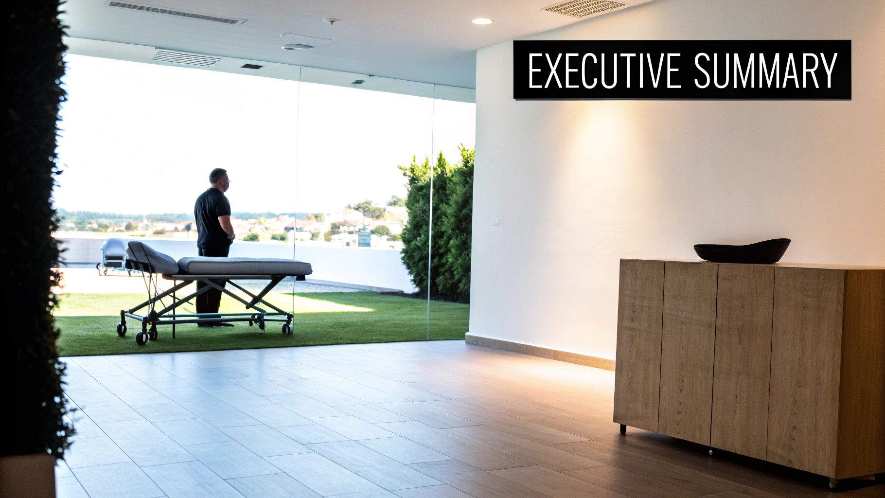 Modern health and wellness center interior with a man, massage table, and 'EXECUTIVE SUMMARY' sign.