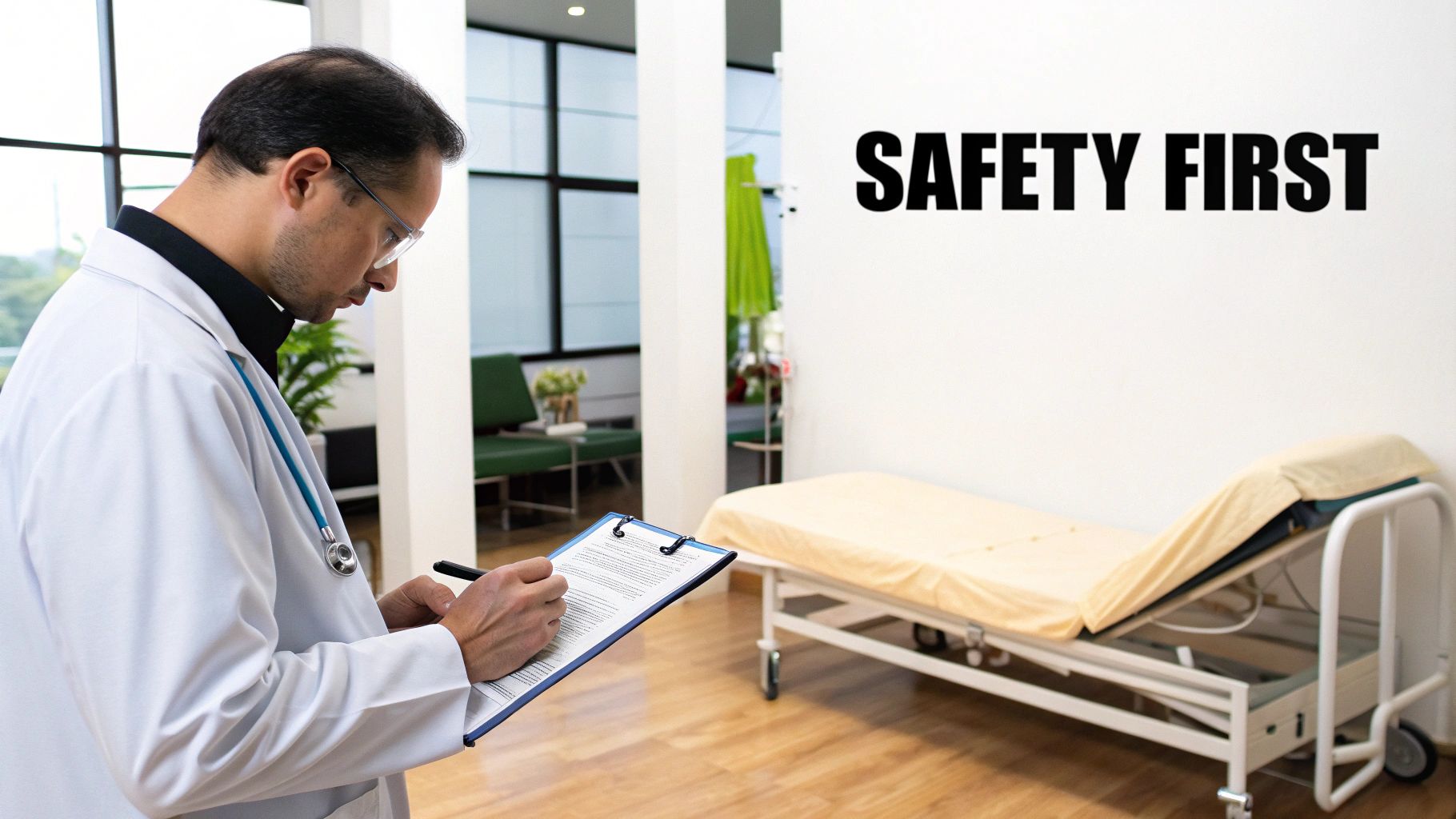 A doctor in a white coat writes on a clipboard in a hospital room with a bed and "SAFETY FIRST" on the wall.