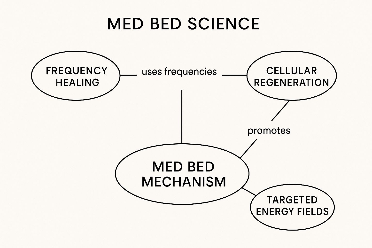 Infographic concept map illustrating Med Bed Science with a central node for 'Med Bed Mechanism' connected to 'Frequency Healing', 'Cellular Regeneration', and 'Targeted Energy Fields'.