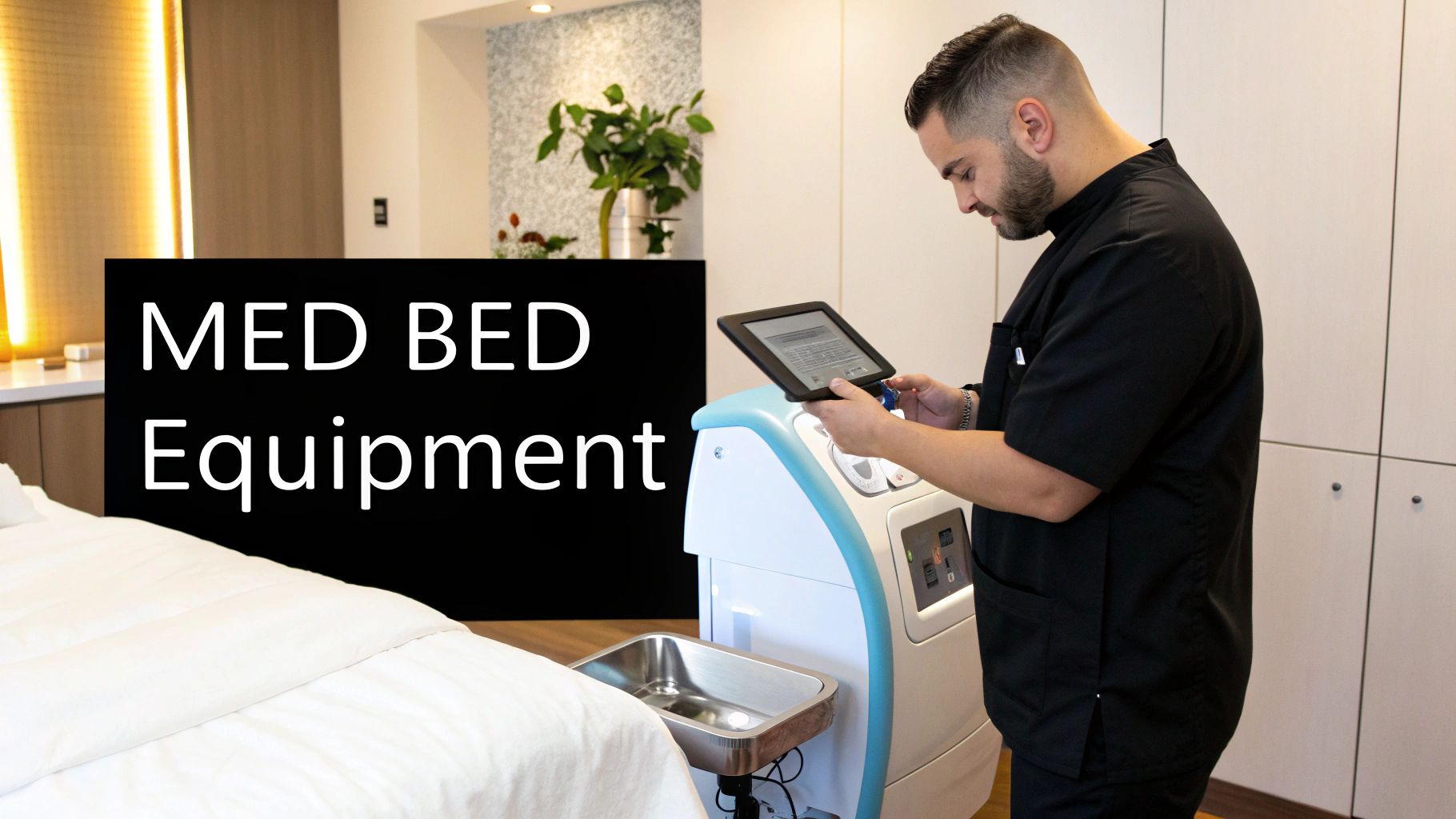 A medical professional operates Med Bed equipment with a tablet in a modern spa or clinic room.