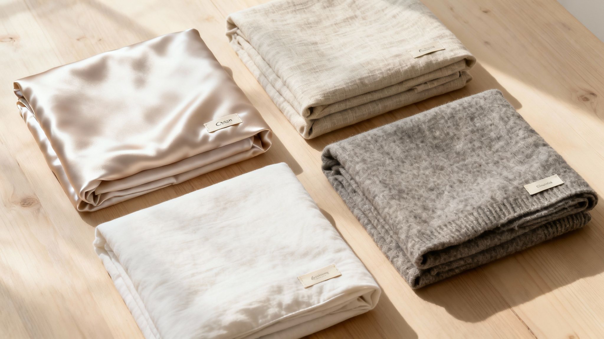 Комплекты постельного белья разных цветов и узоров, аккуратно разложенные на полке