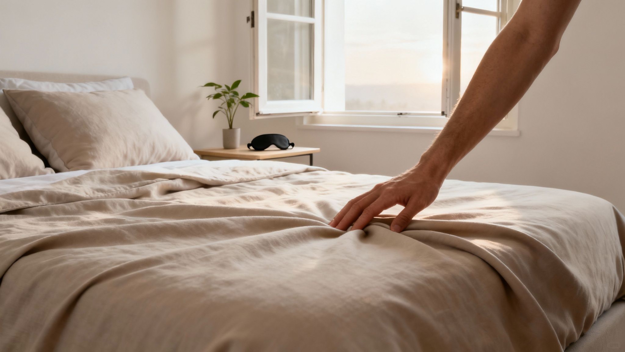 Уютно застеленная кровать со светлым постельным бельем, символизирующая комфорт и спокойствие