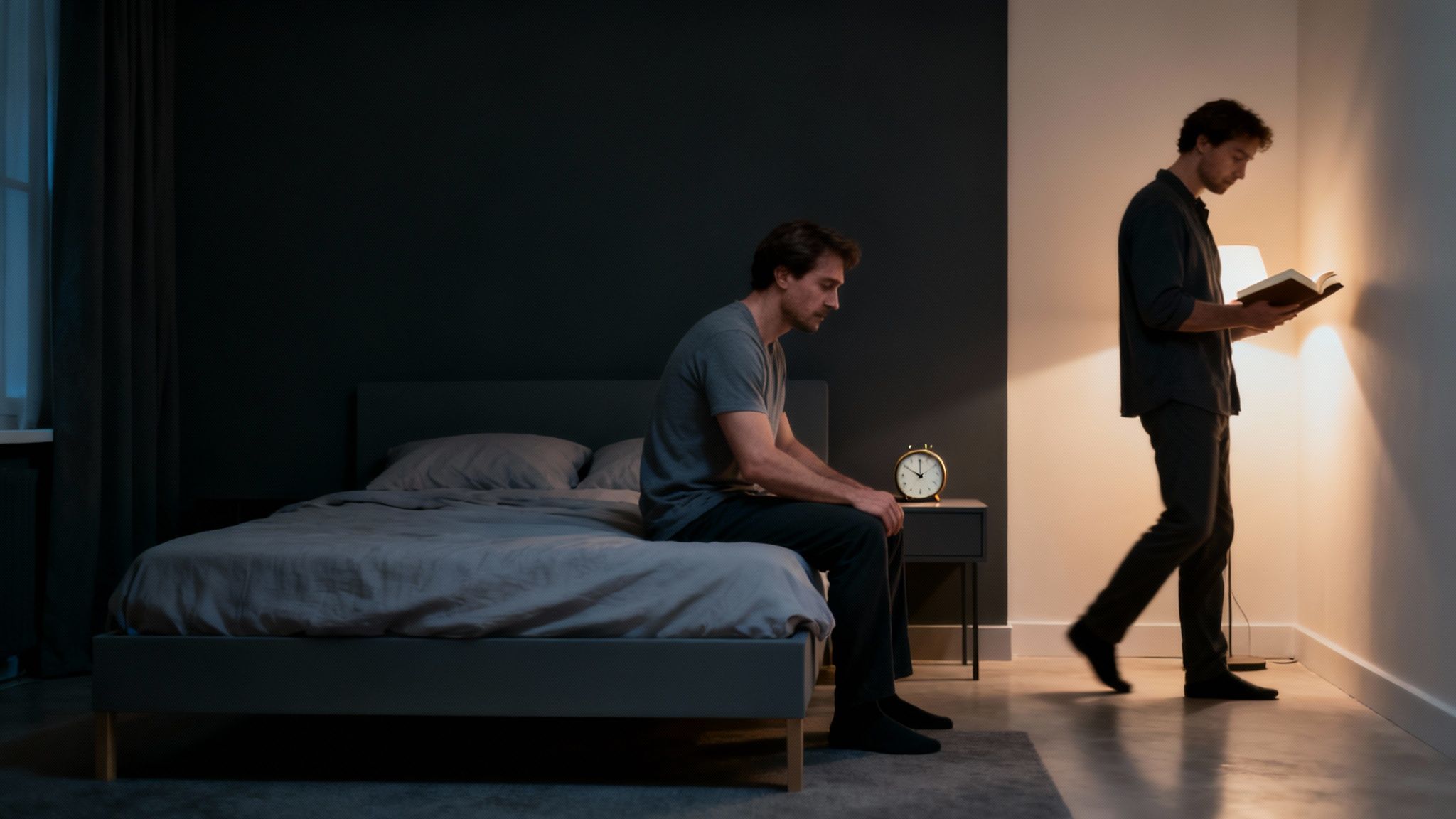 A man sitting on the bed at night while another man walks by reading a book, illustrating insomnia.