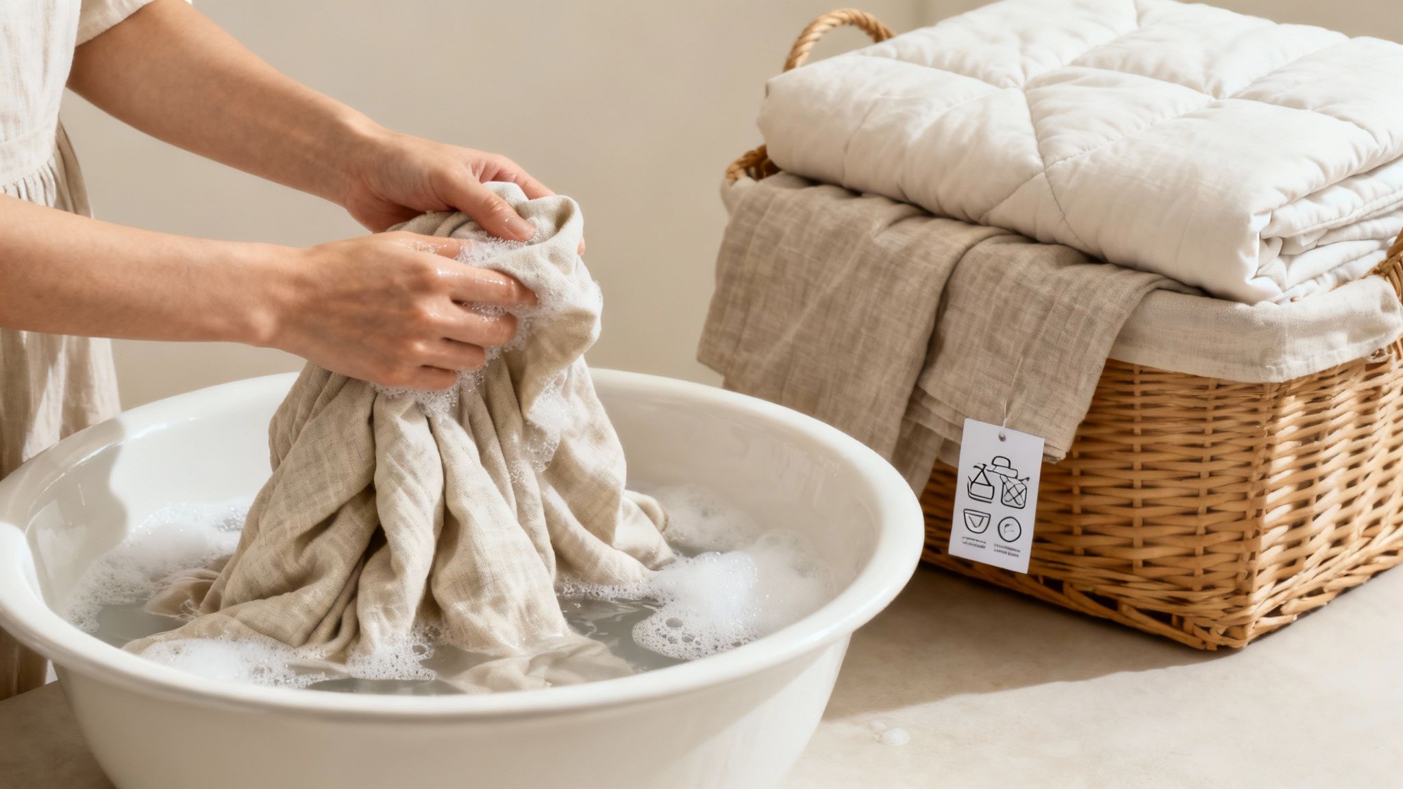 Woman folding clean bedding