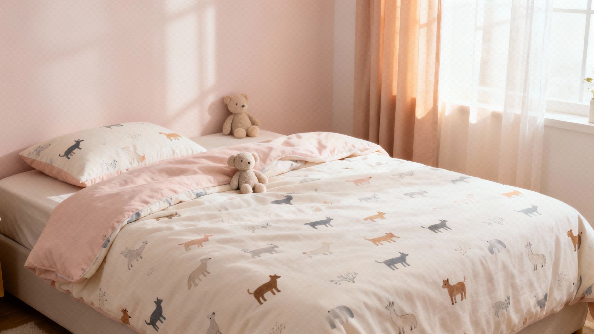 Детский комплект постельного белья с животными на кровати с плюшевыми мишками и розовыми занавесками