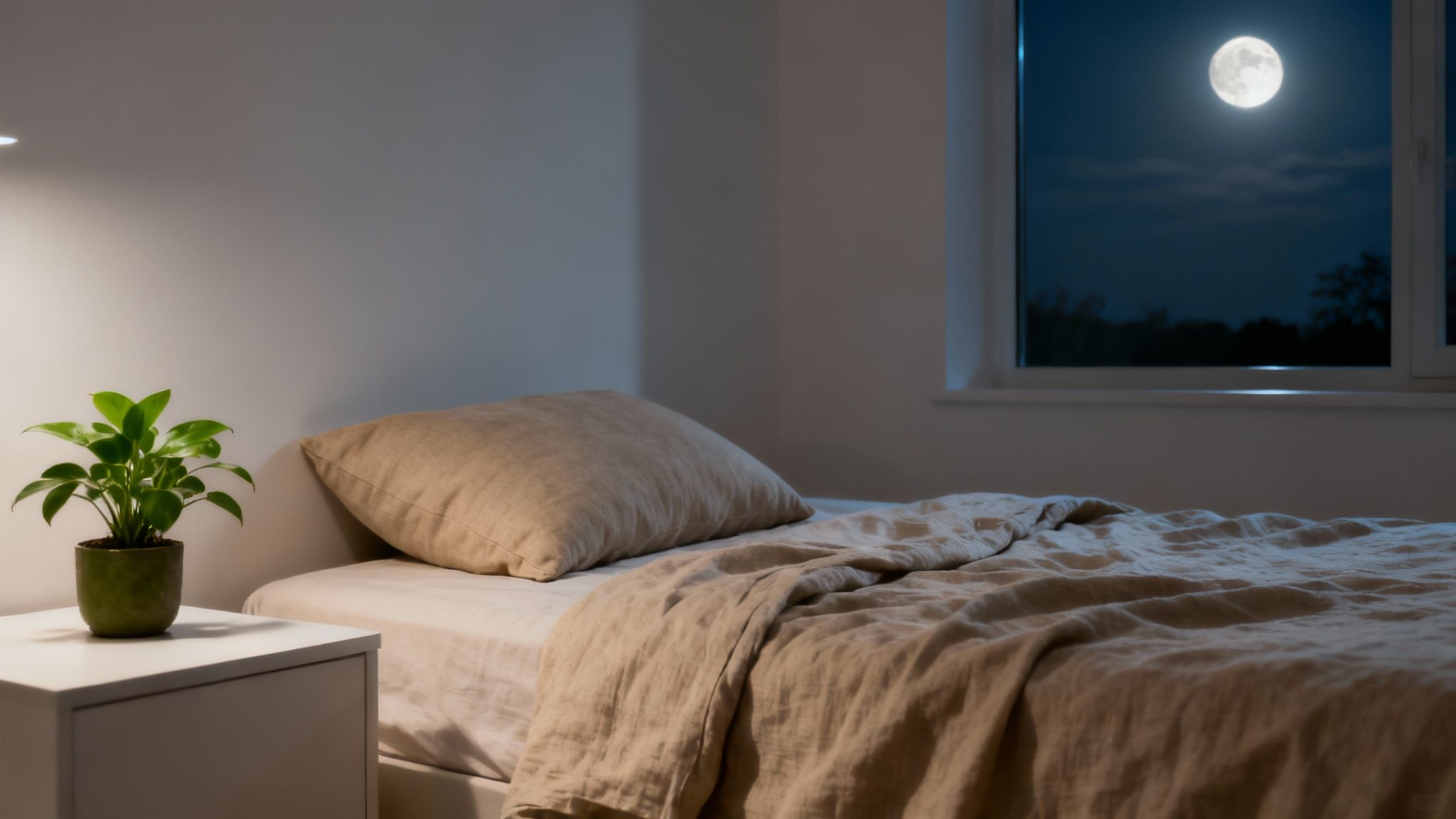 A cozy bedroom at night with a bed, nightstand, plant, and bright moon outside the window.