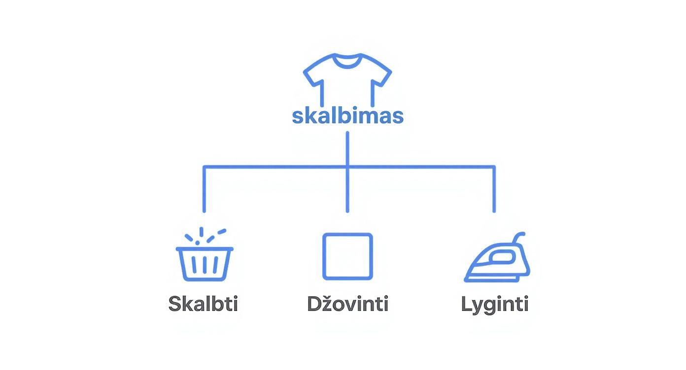 Pesuprotsessi diagramm ikoonidega, mis näitab pesemist, kuivatamist ja triikimist peamiste etappidena.
