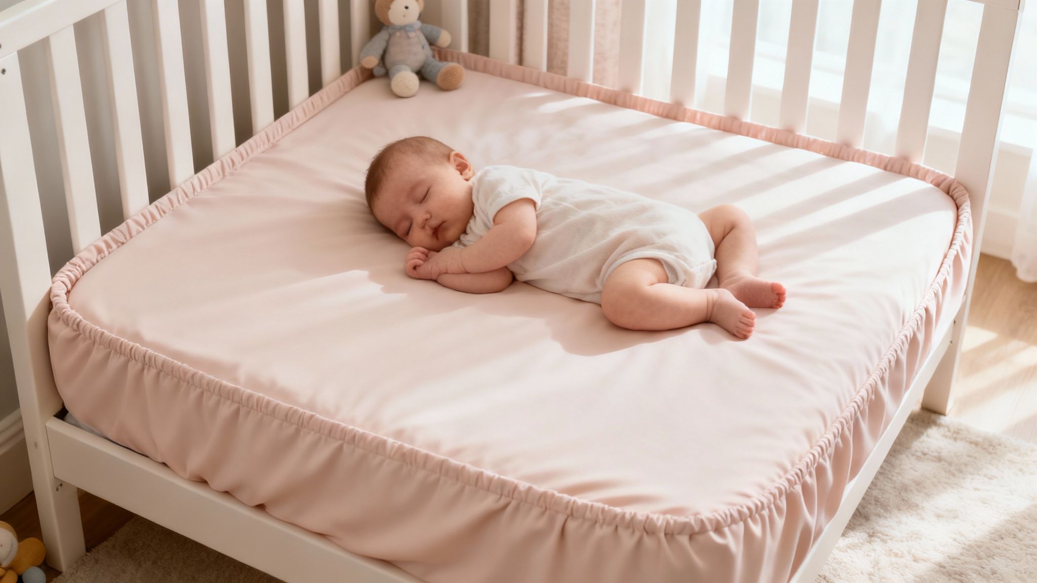 Child sleeping peacefully in a cot with a fitted sheet