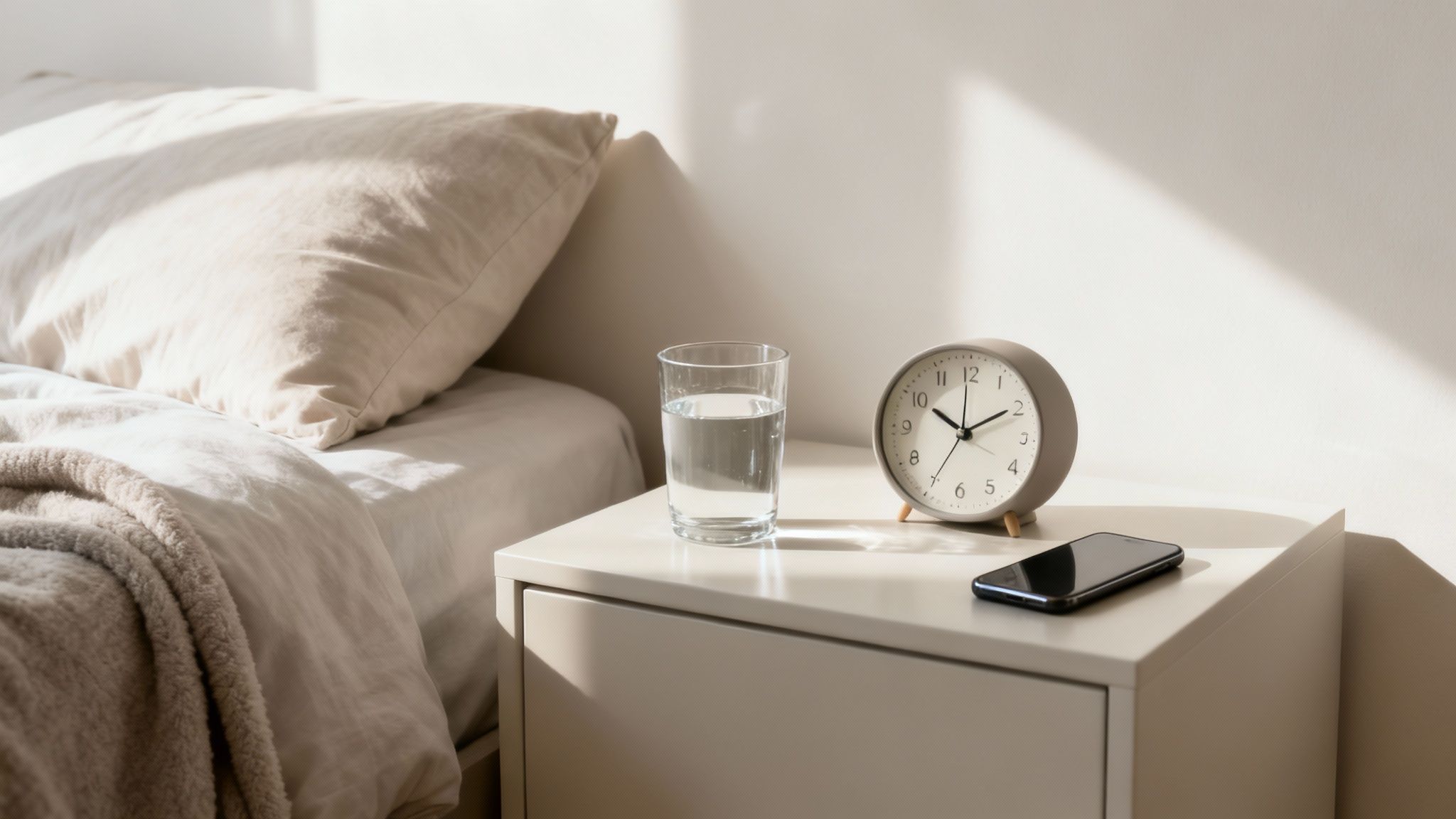 Женщина спокойно спит в кровати с белым постельным бельём