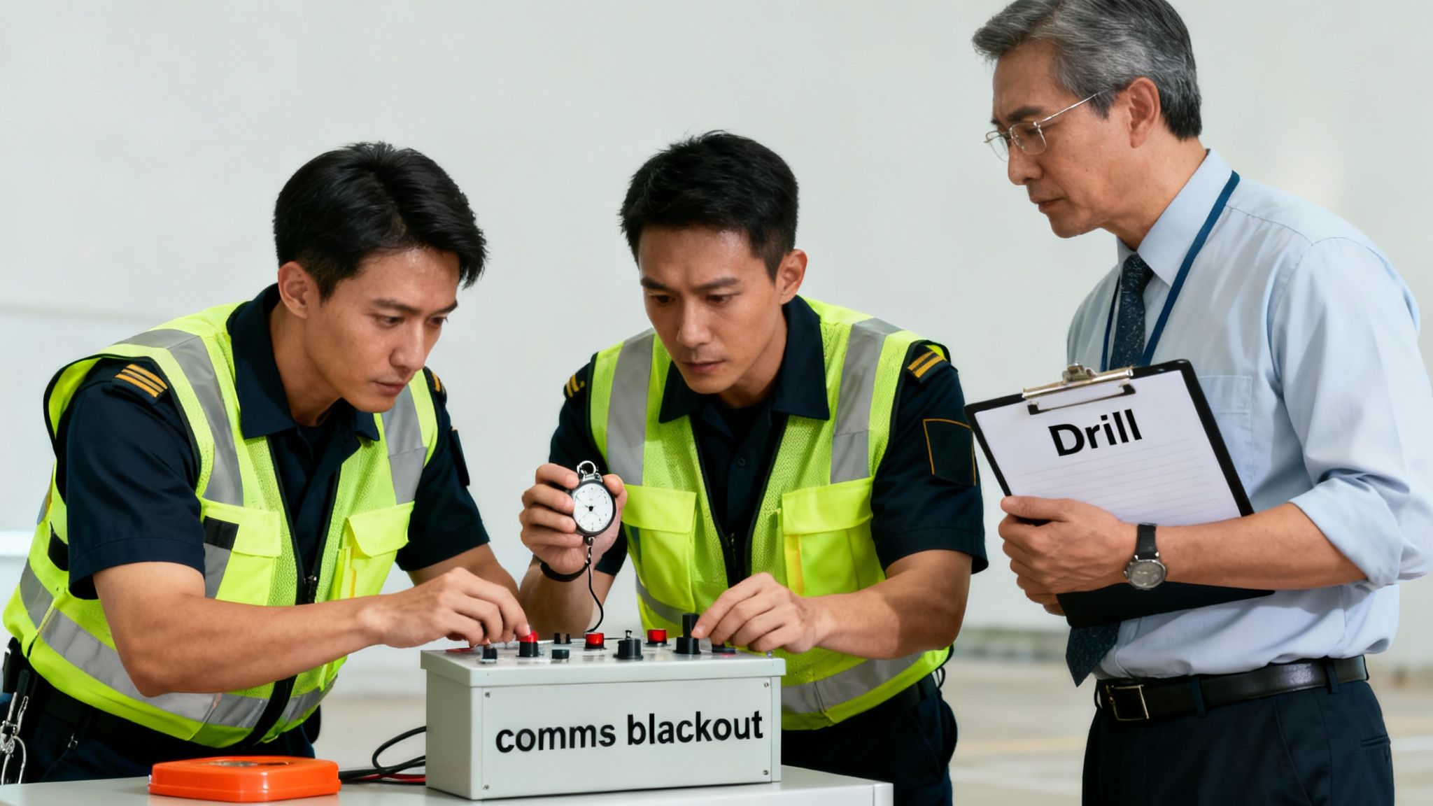 Team practicing a communications blackout drill with a supervisor timing the exercise.