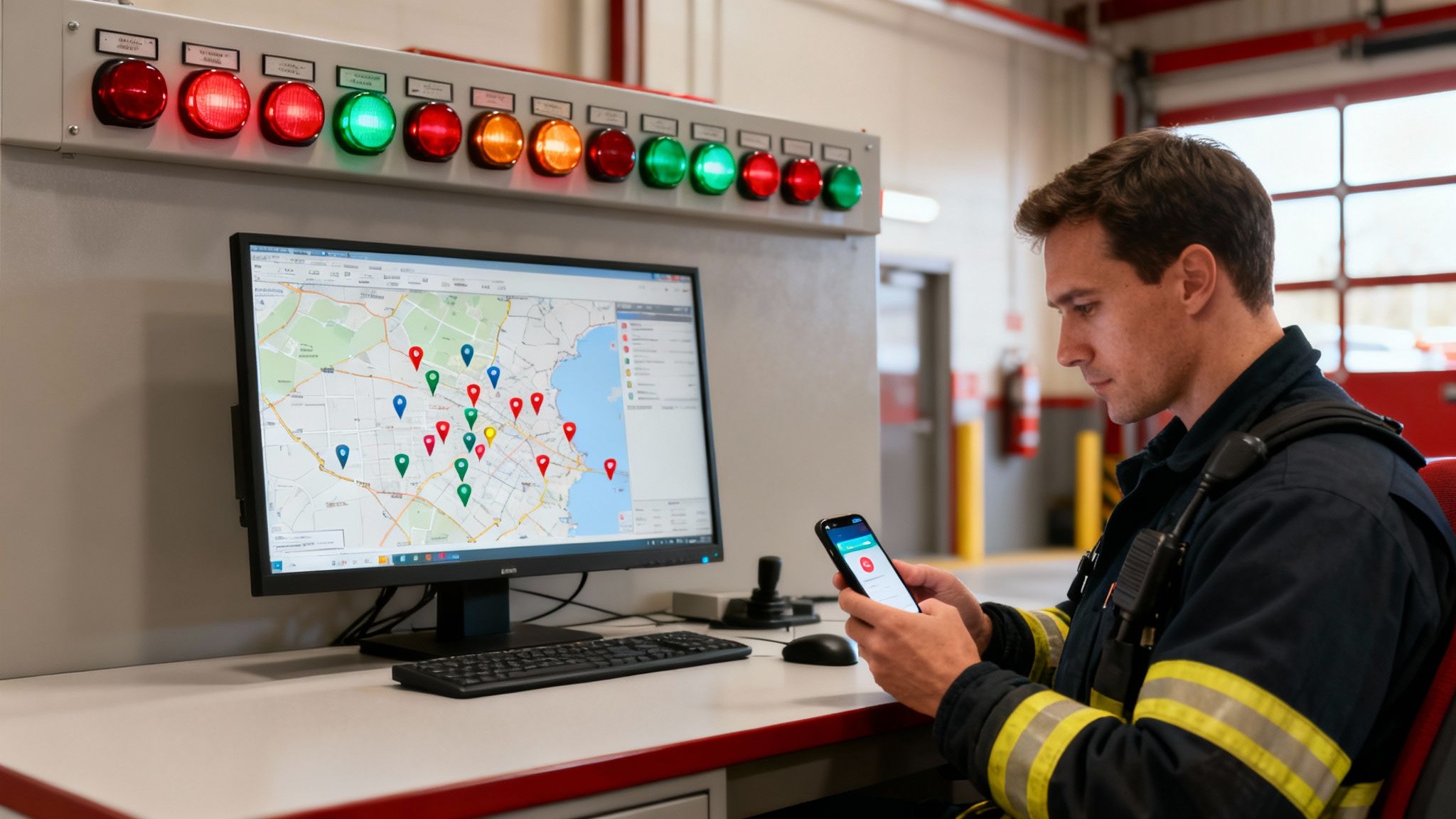 A firefighter uses a smartphone in a fire station control room, with a map display and alert panel in the background.