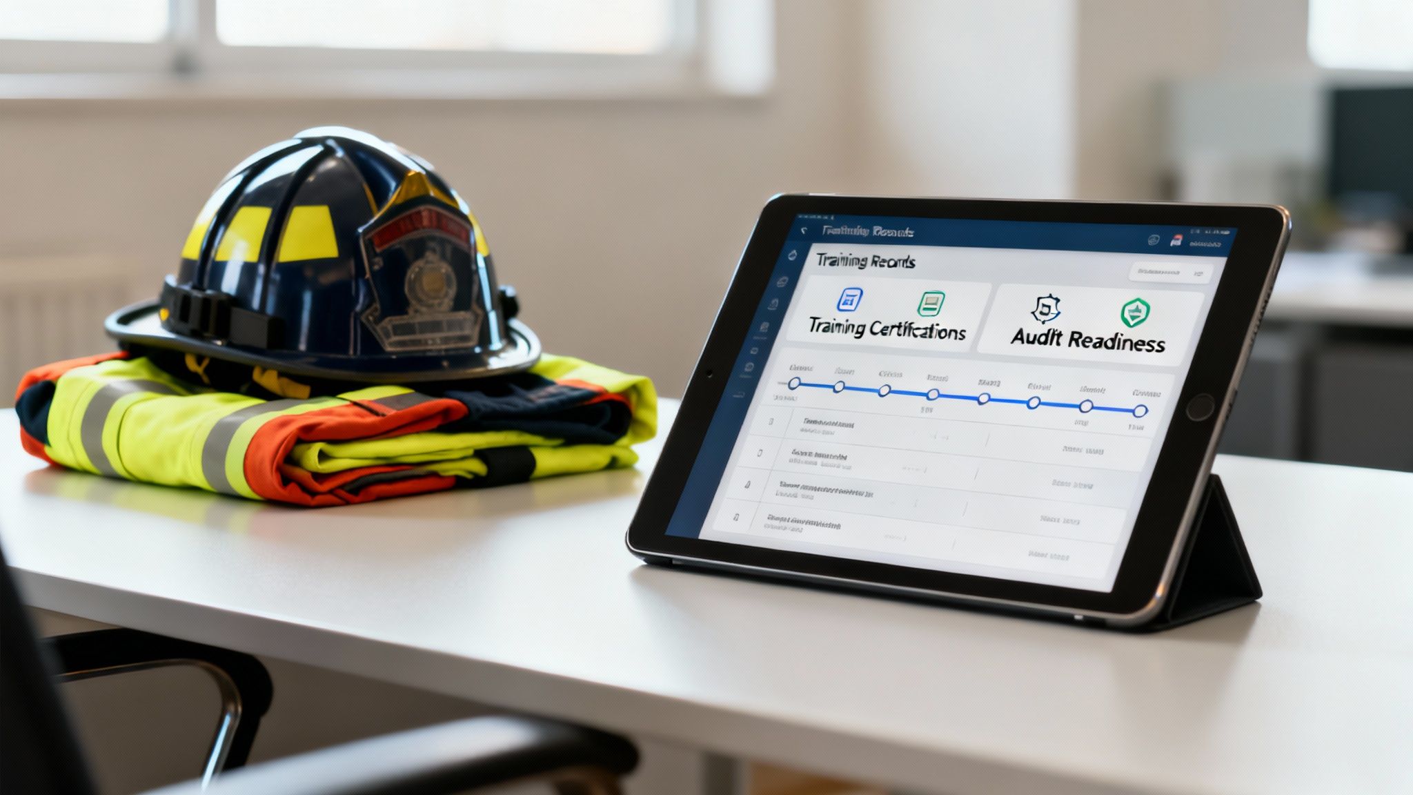 Firefighter helmet and folded uniform next to a tablet displaying training records and audit readiness software.