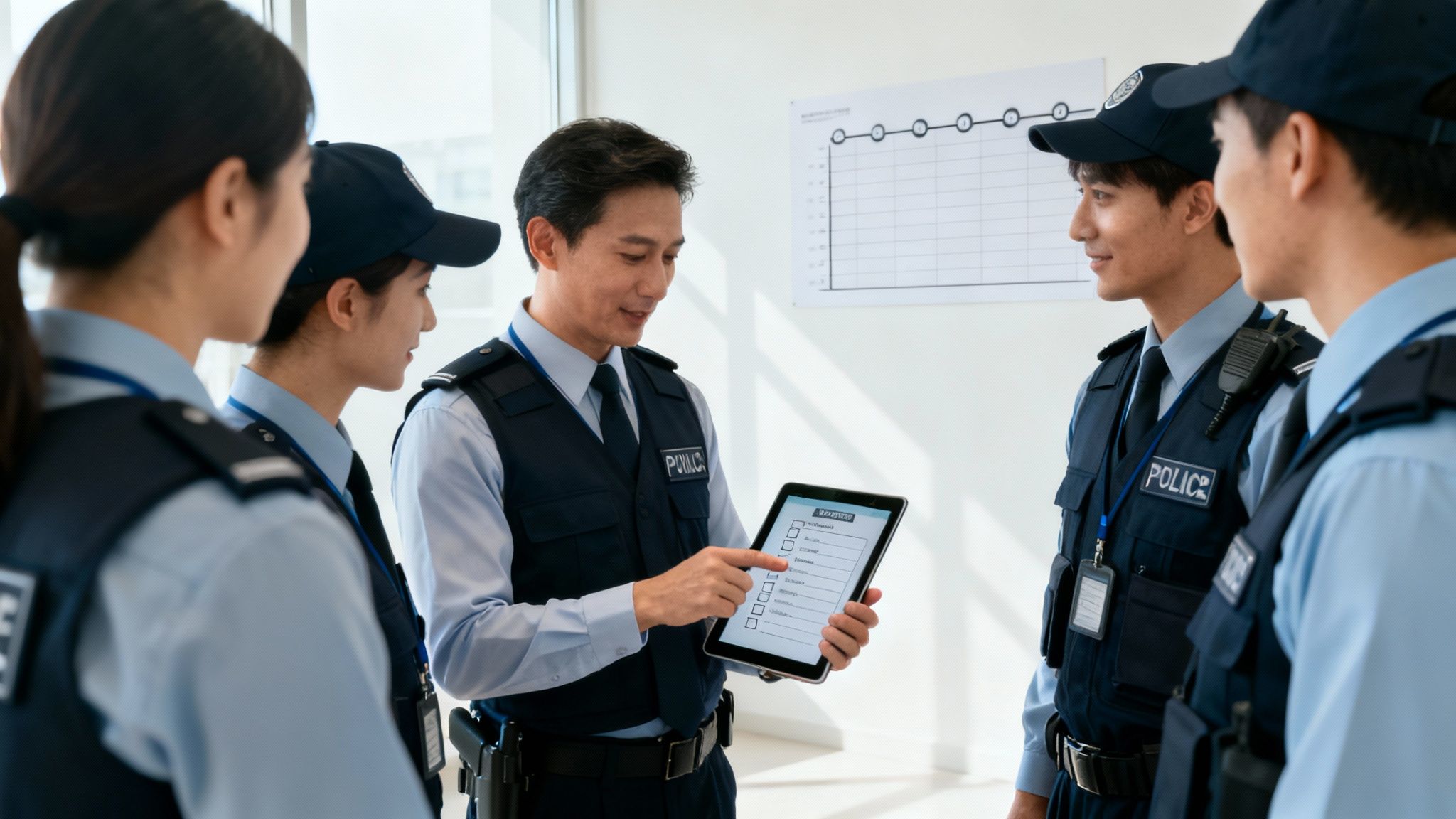 Security guards communicating and using dispatch software on a tablet.