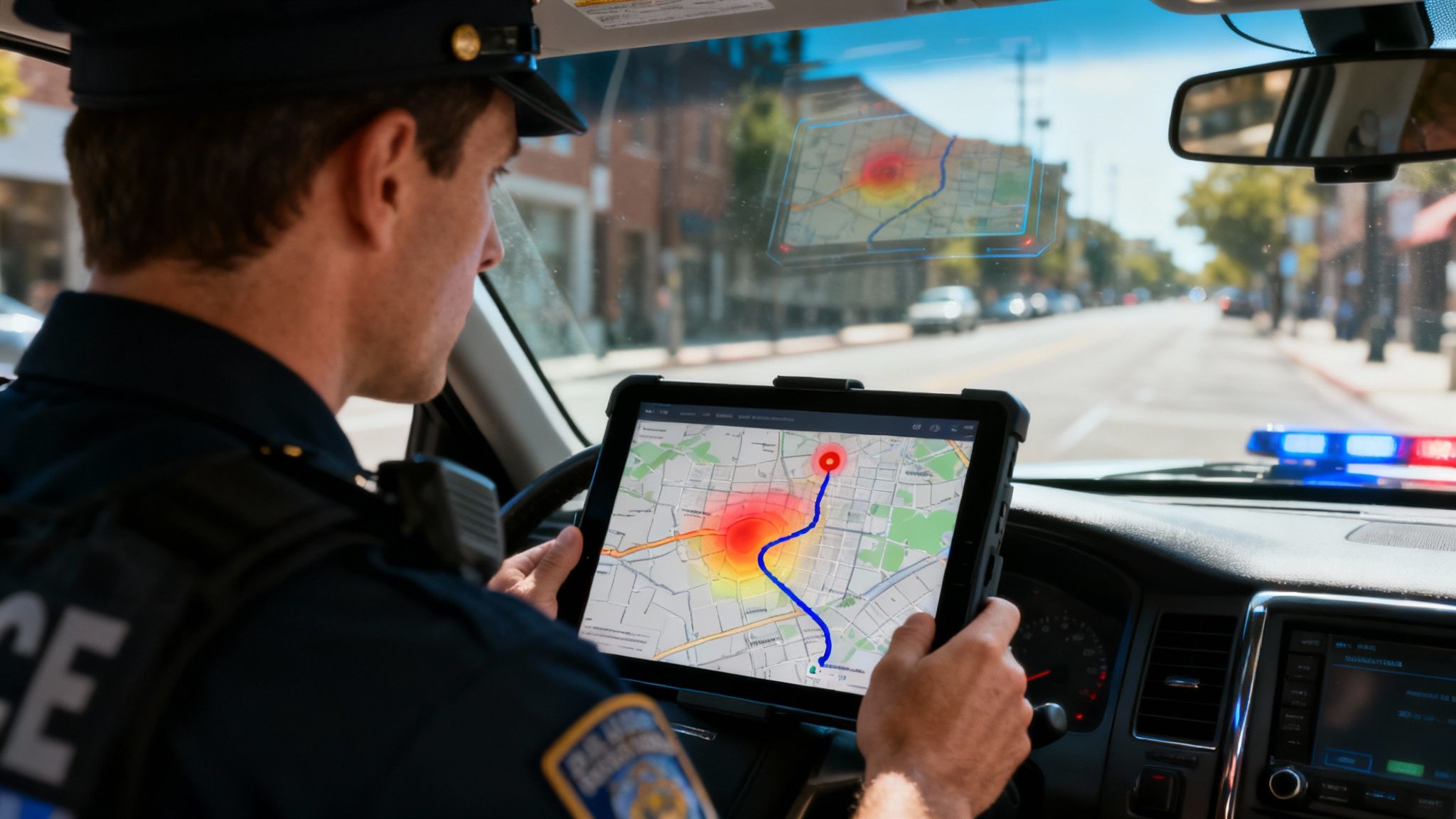 Police officer looking at a computer screen showing data analytics