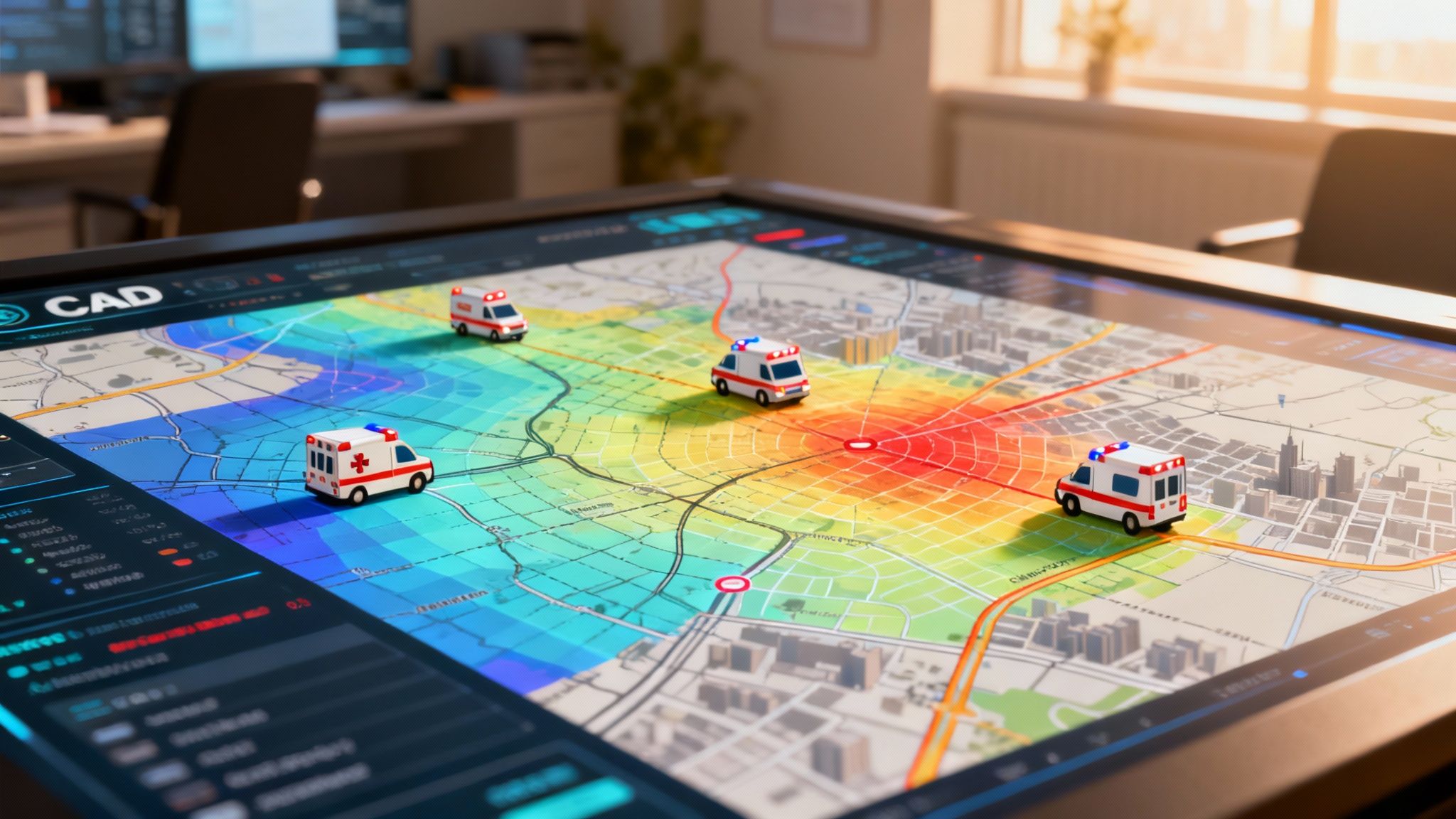 A split-screen image showing a GIS map with data overlays on one side and an AI-powered analytics dashboard on the other, representing the integration of technologies.