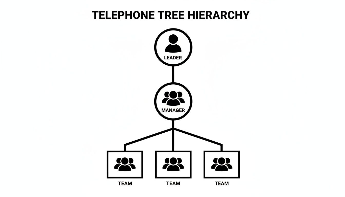 A telephone tree hierarchy chart displaying a leader, a manager, and three teams.