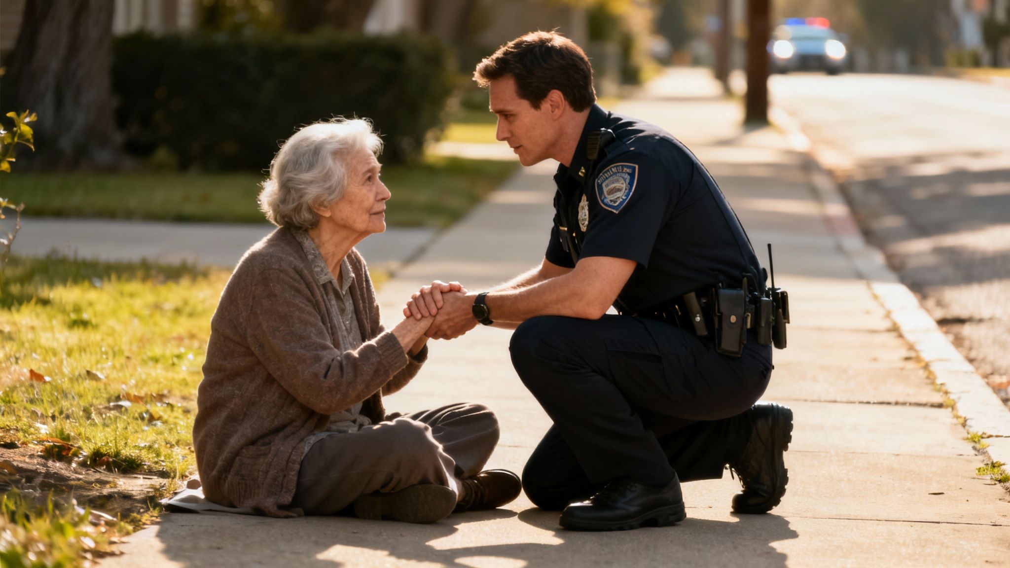A public safety officer kneeling down to comfort a child, showing the compassionate side of the job.