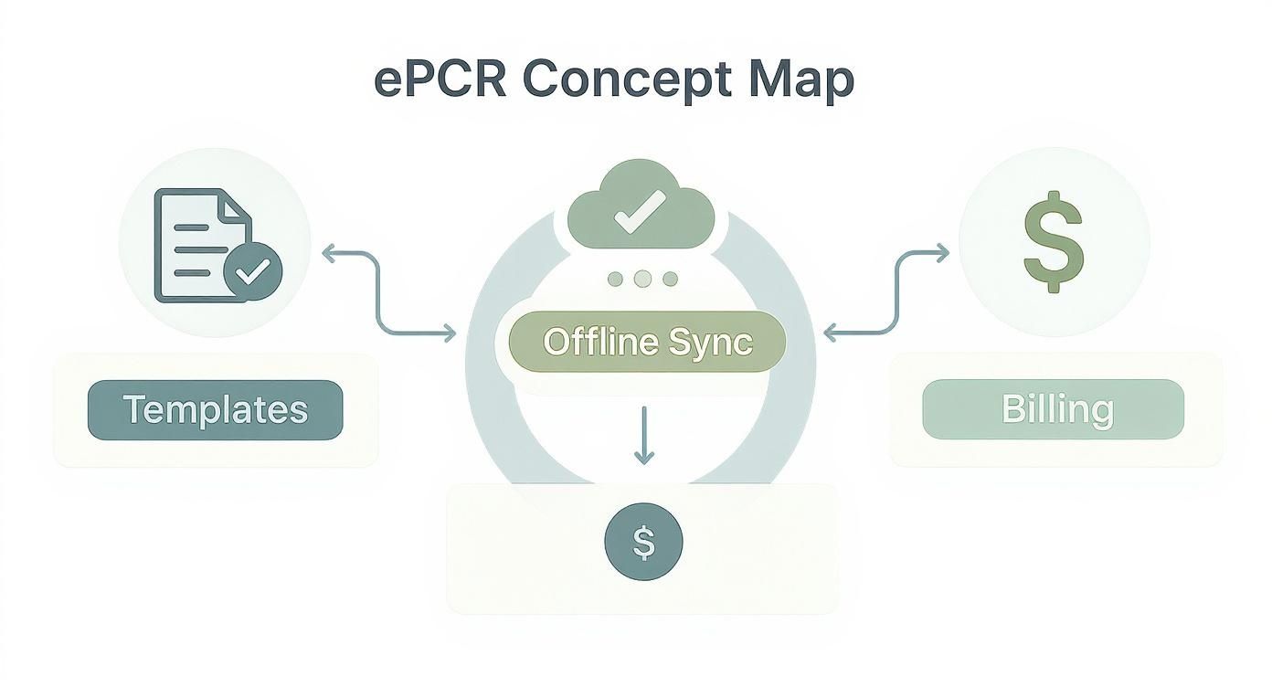 ePCR concept map illustrating the workflow between offline sync, templates, and billing components.