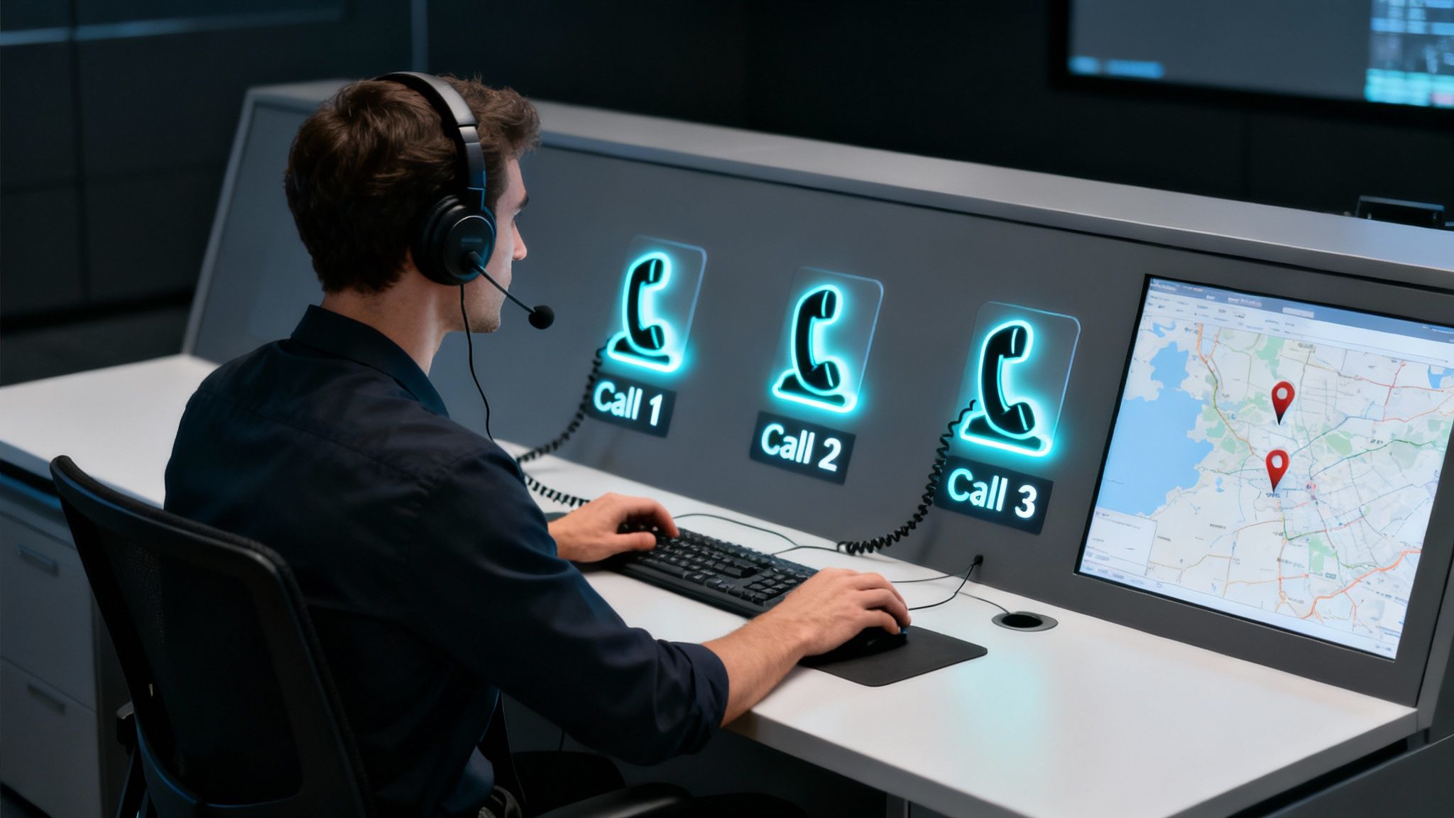 A male 911 dispatcher wearing a headset monitors incoming emergency calls on a control panel with a map.