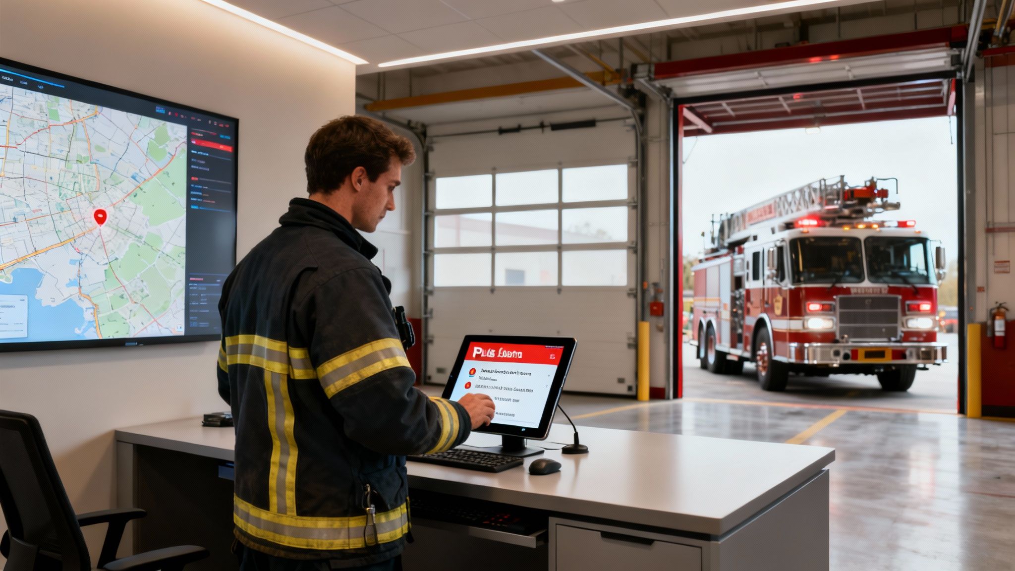 Firefighter uses a computer and large map screen inside a modern fire station with a fire truck.