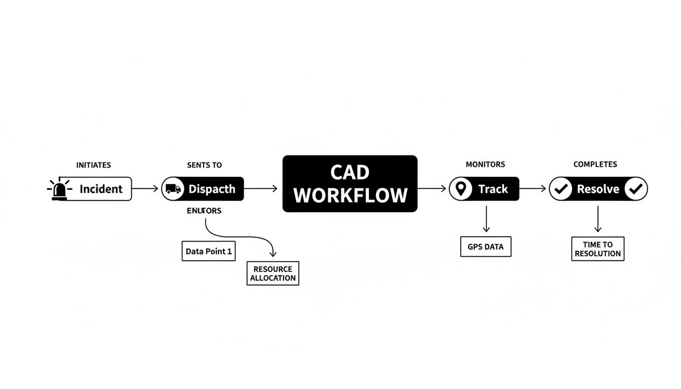 A diagram illustrating the CAD workflow from incident initiation and dispatch to tracking and resolution.