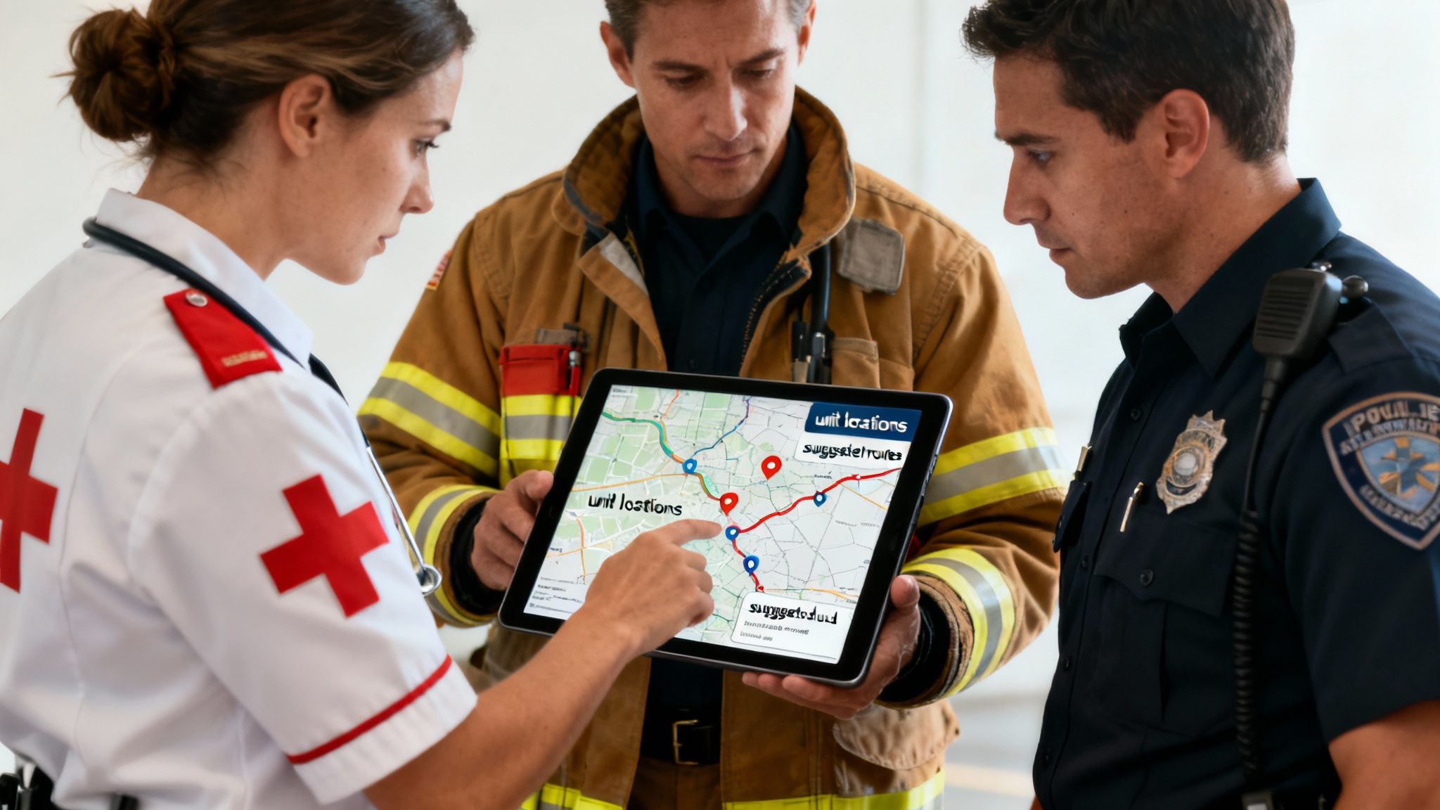 Three emergency responders (paramedic, firefighter, police officer) collaborate, viewing a tablet with a map of unit locations and suggested routes.