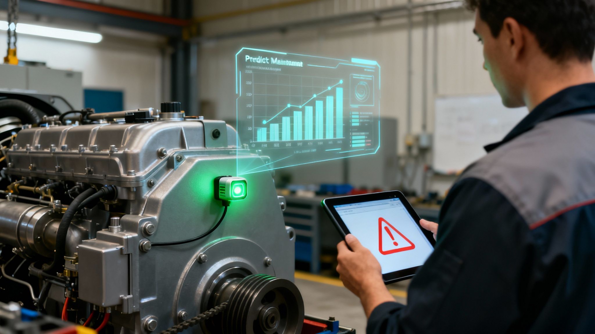 A technician monitors an industrial engine with a green sensor, holographic predictive maintenance display, and a warning on a tablet.