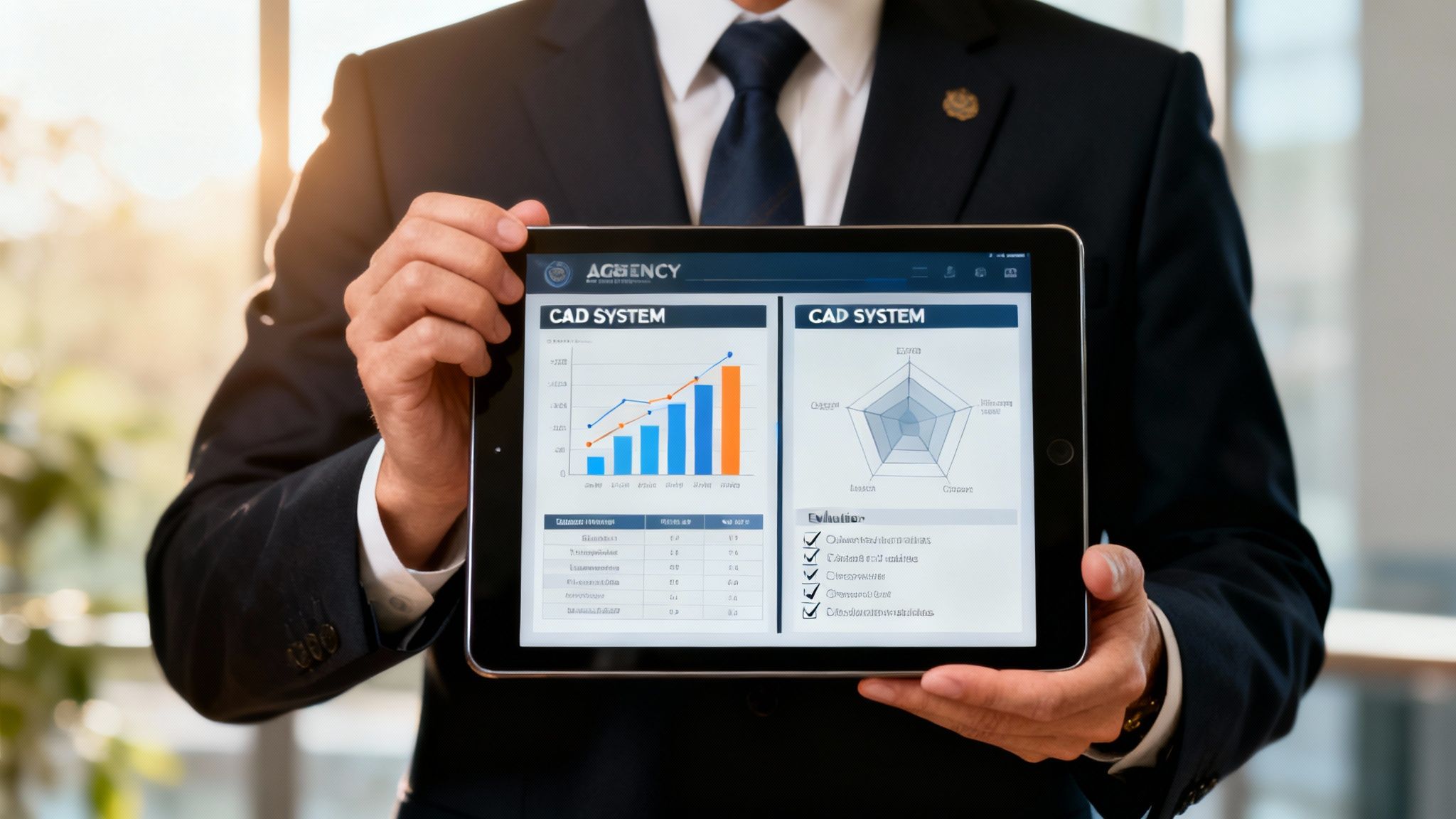 A person pointing at a screen showing CAD software analytics, collaborating with a colleague.