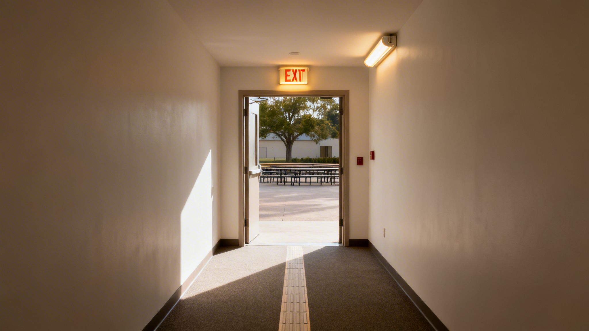 A brightly lit hallway with an open exit door leading to an outdoor seating area and a large tree.
