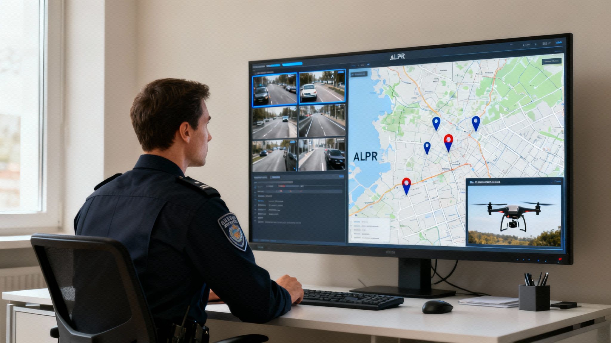 A police officer working at a computer in a modern command center.