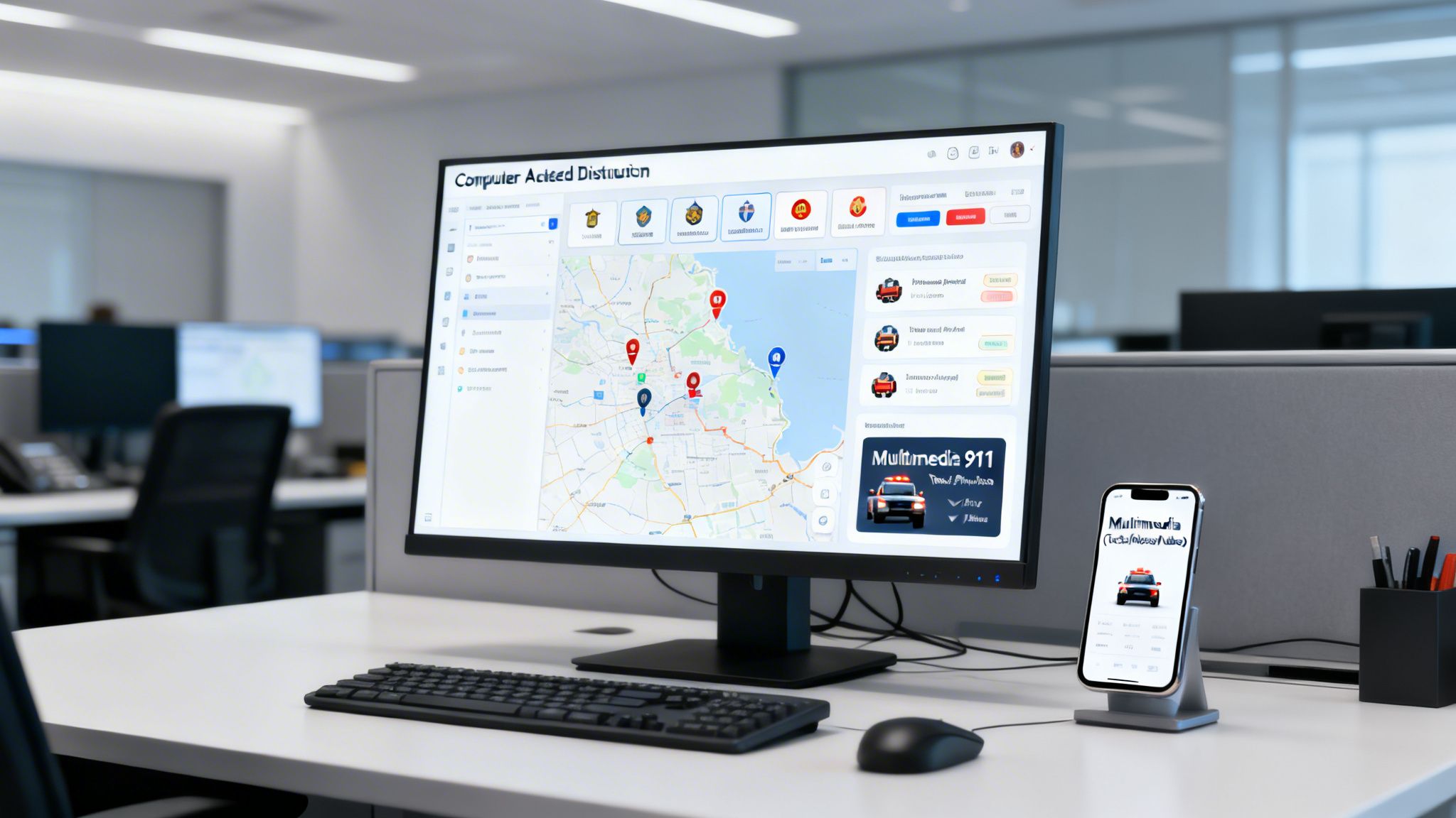 A modern office desk featuring a computer monitor and smartphone displaying an emergency dispatch system with a map.