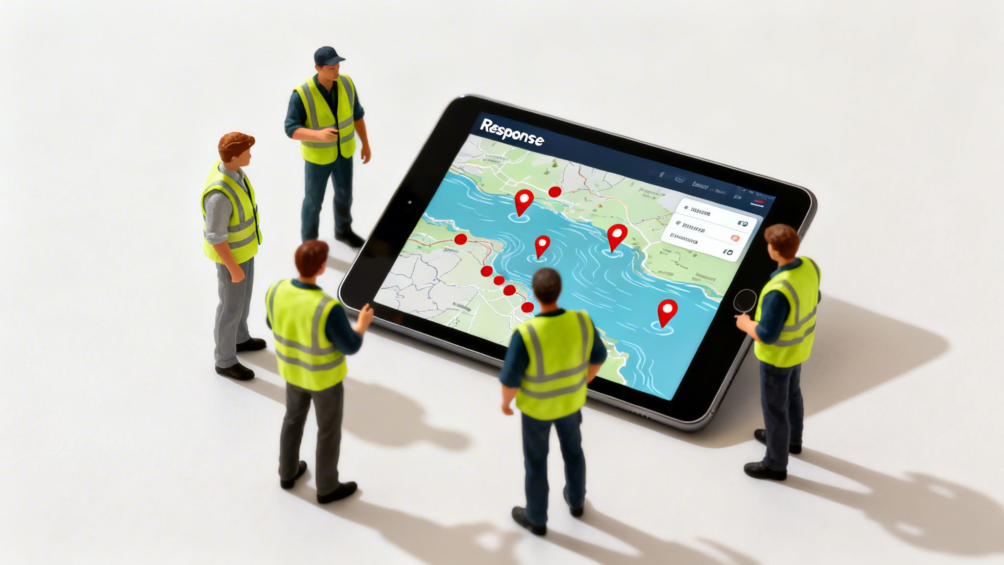 Miniature workers in high-vis vests collaborating around a tablet showing a map with incident locations.