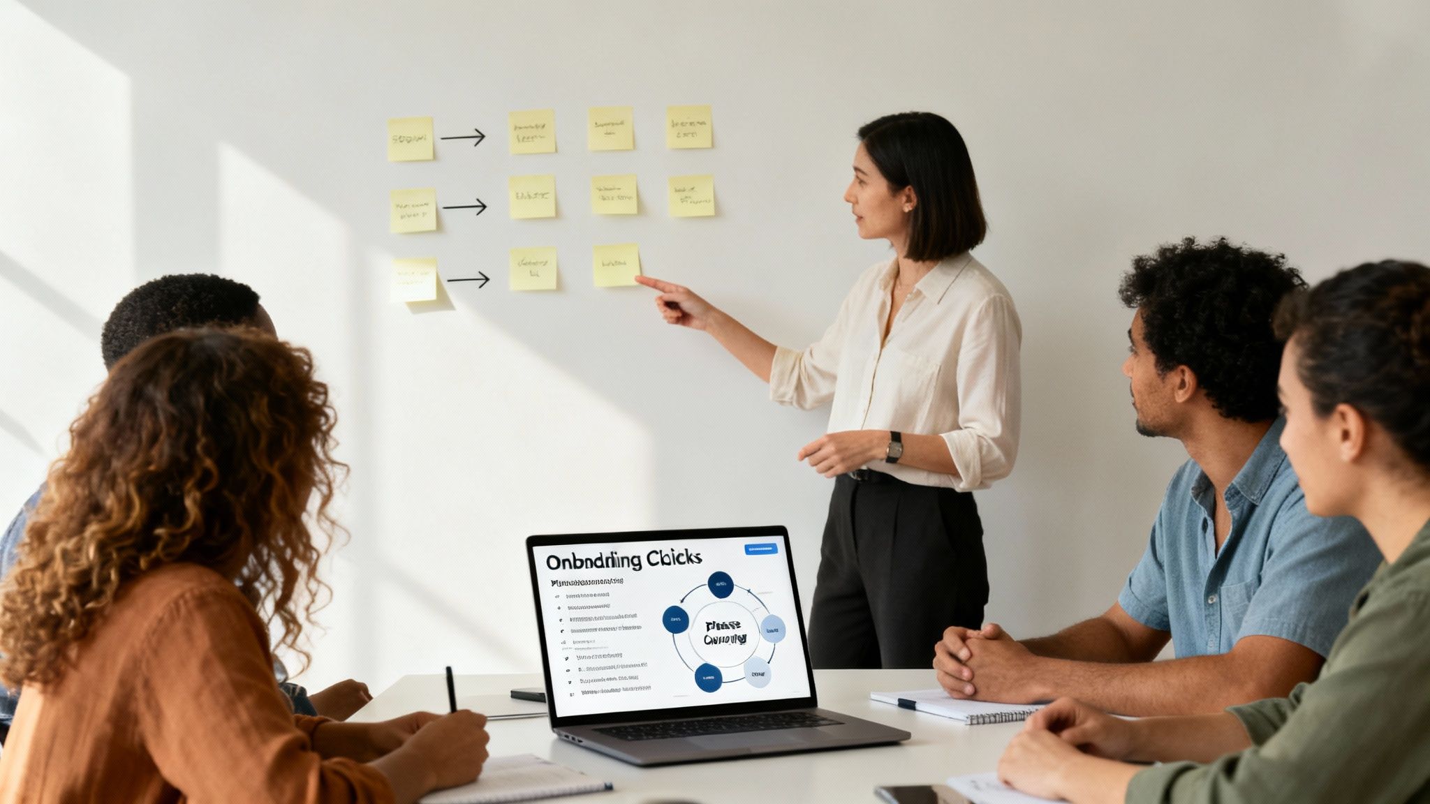 A diverse team in a business meeting, with a woman presenting ideas on a whiteboard with sticky notes.